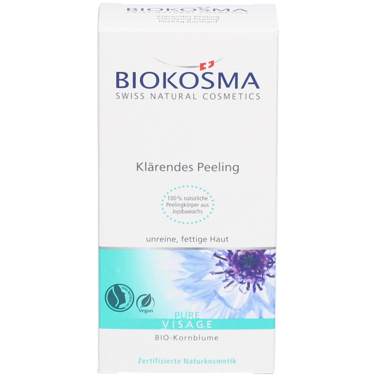 Emballage blanc du produit avec logo BIOKOSMA et nom du produit 'Klärendes Peeling'.