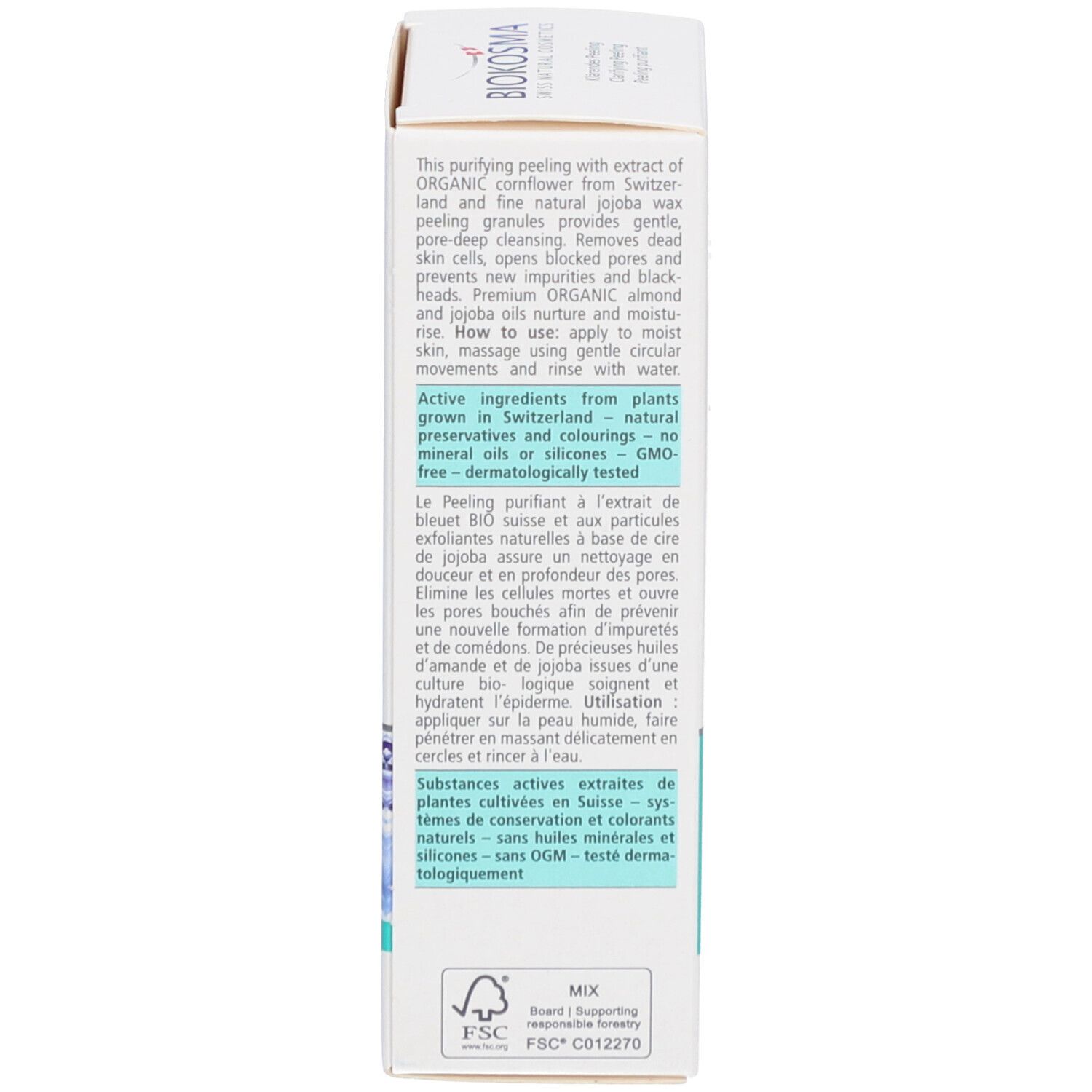 Dos de l'emballage du produit. Texte en allemand, anglais et français. Informations sur les ingrédients et l'origine.