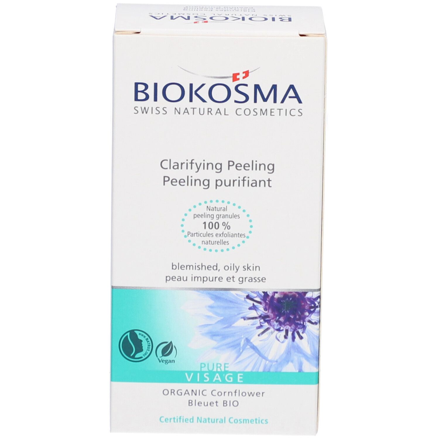 Emballage du produit avec logo BIOKOSMA et nom du produit 'Klärendes Peeling'. Pour peau impure et grasse.