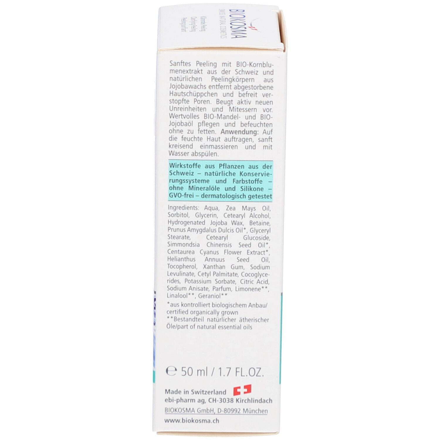 Côté de l'emballage du produit. Texte en allemand, anglais et français. Contient des informations sur les ingrédients.