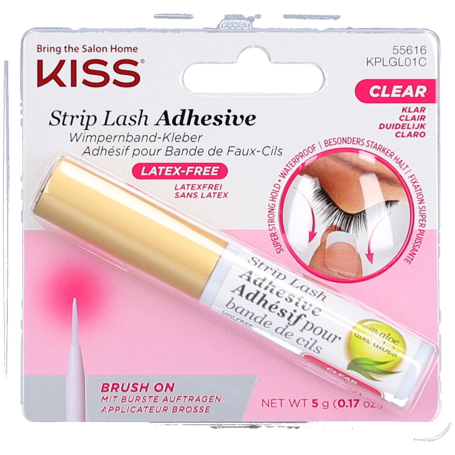 Colle à cils transparente en tube avec pinceau. Inscription : "KISS", "Strip Lash Adhesive", "CLEAR". Emballage avec image du produit.