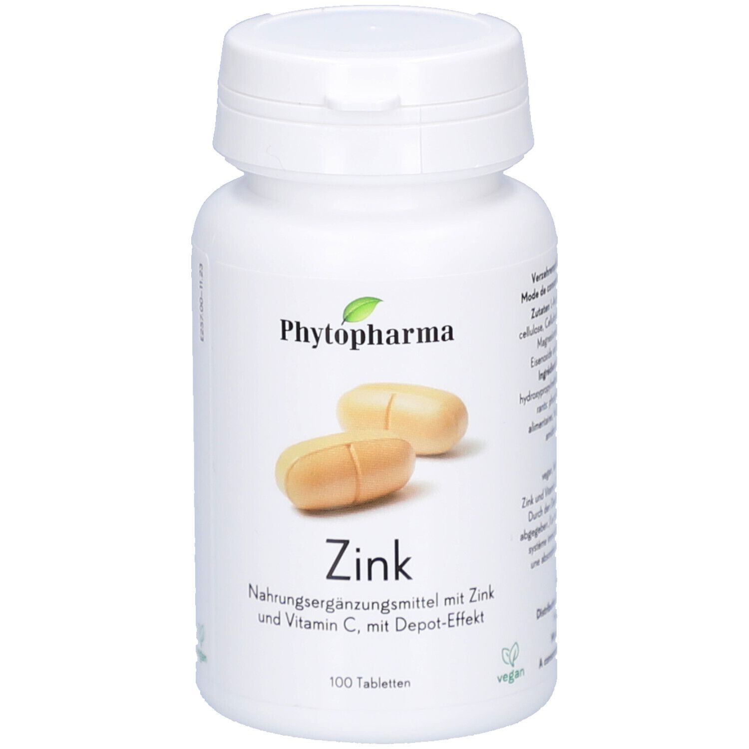 Flacon blanc avec comprimés. Inscription: Phytopharma, Zink, 100 comprimés. Label vegan.