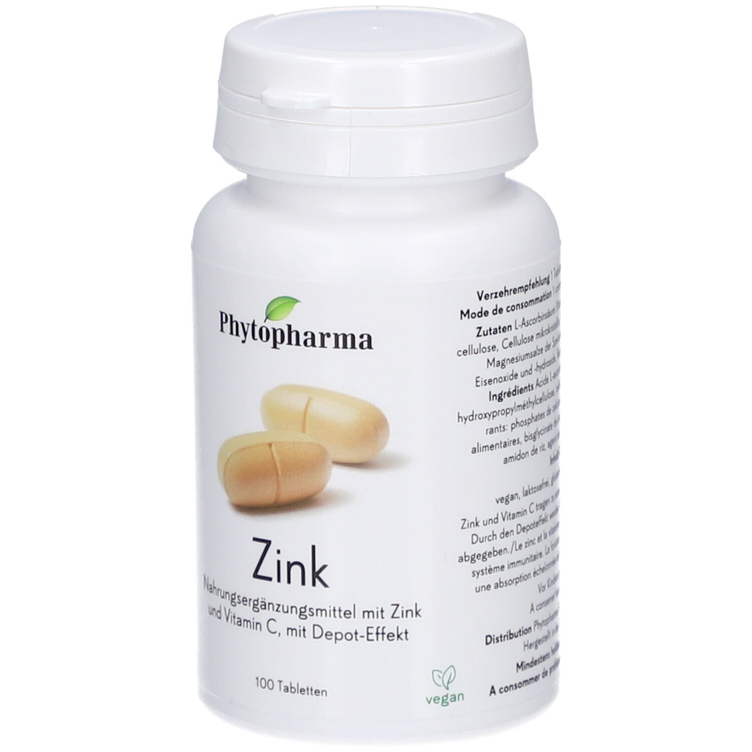 Flacon blanc avec comprimés. Inscription: Phytopharma, Zink, 100 comprimés. Label vegan.