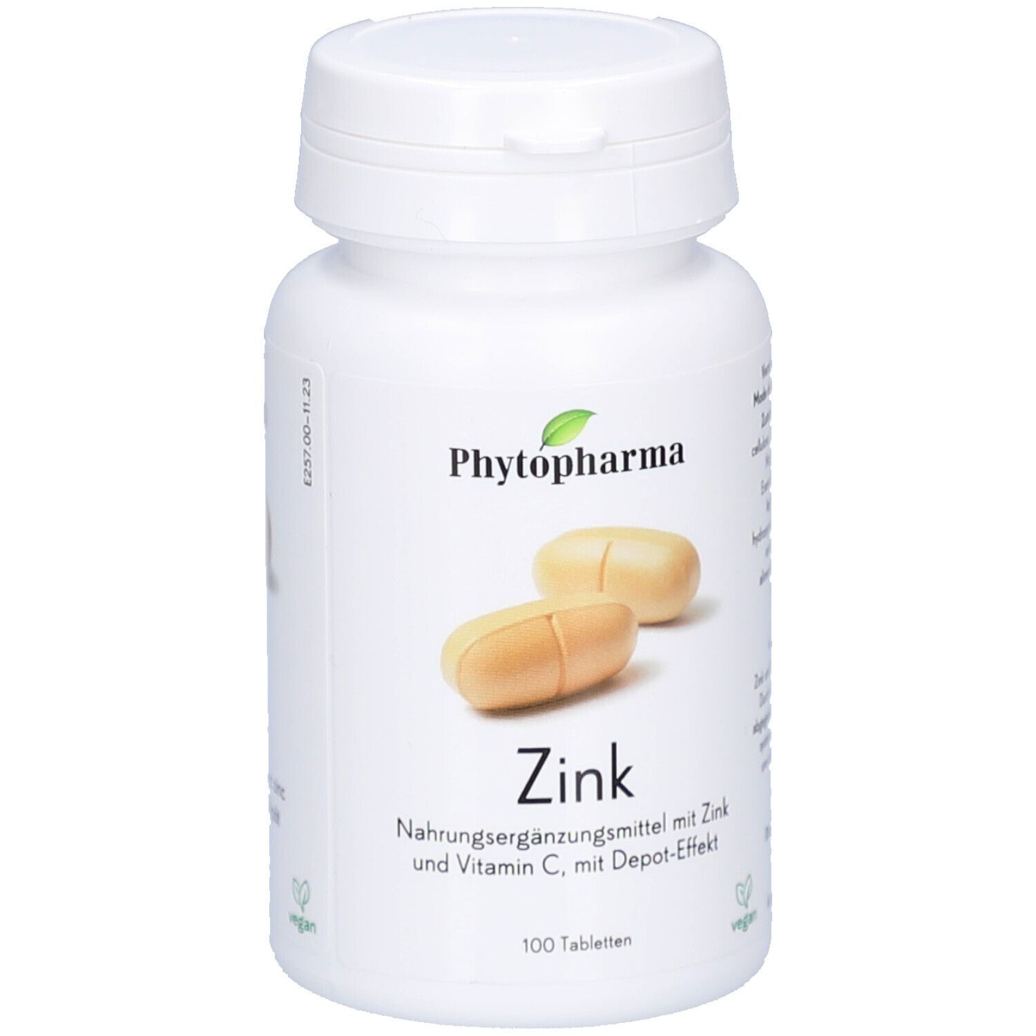 Flacon blanc avec comprimés. Inscription: Phytopharma, Zink, 100 comprimés. Label vegan.