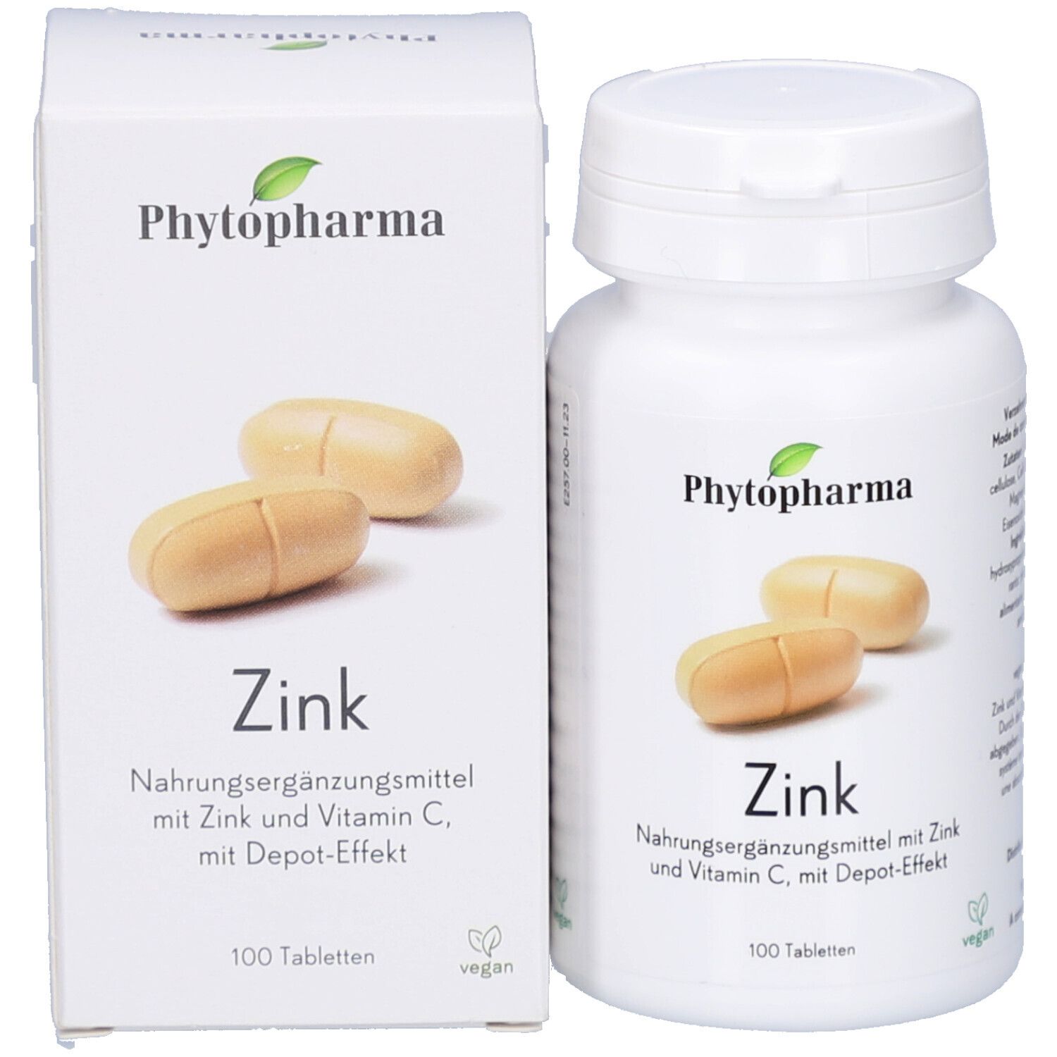 Flacon et boîte de comprimés blancs. Inscription: Phytopharma, Zink, 100 comprimés. Label vegan.