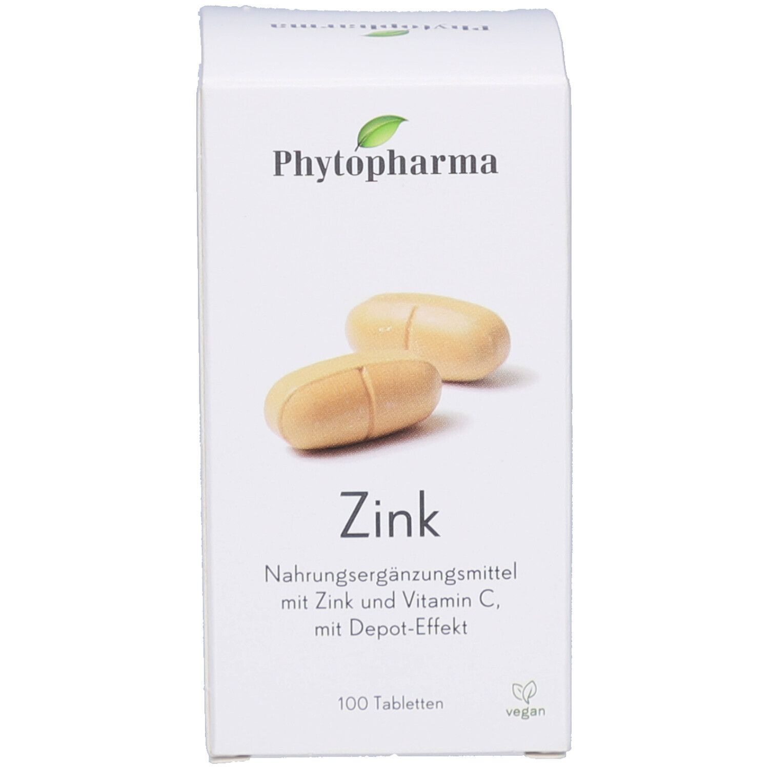 Boîte de comprimés blanche. Inscription: Phytopharma, Zink, 100 comprimés. Label vegan.