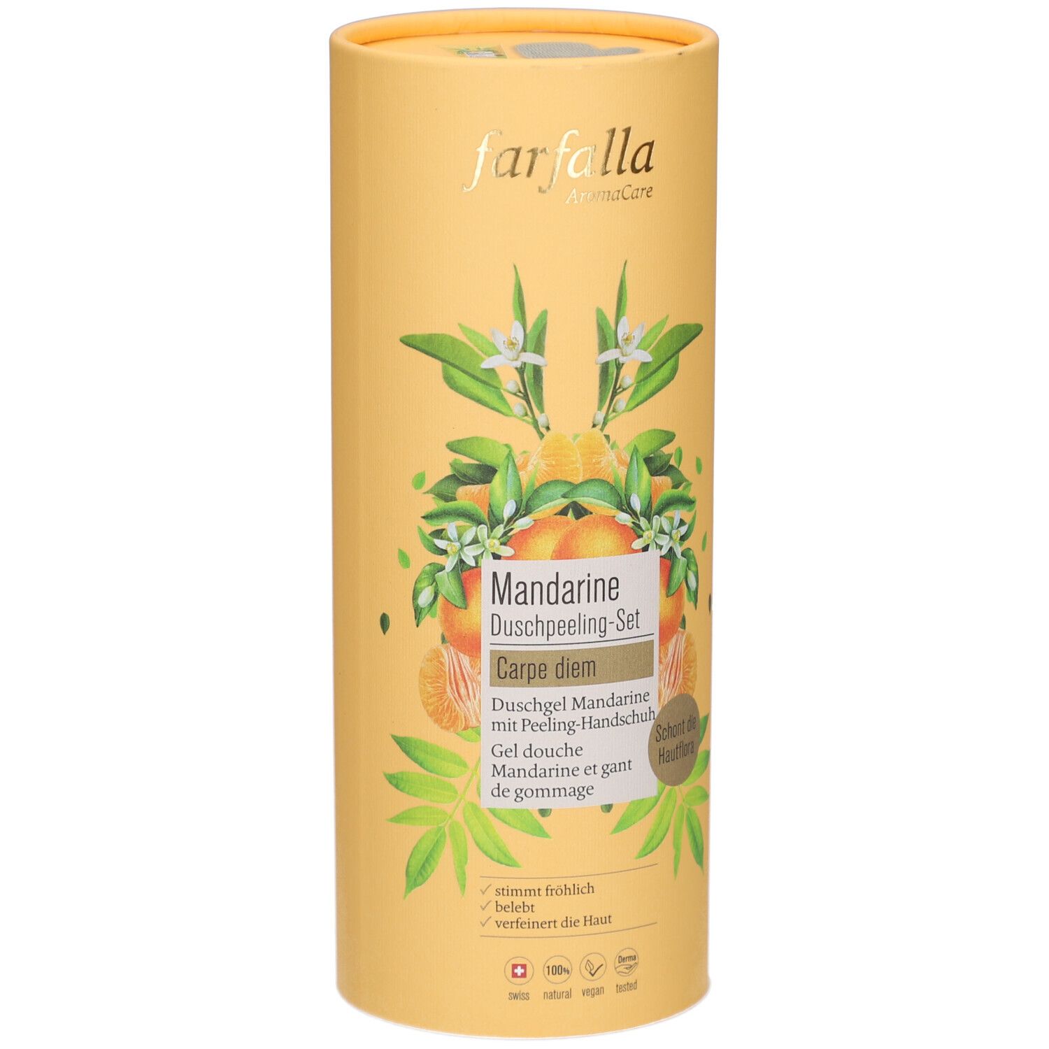 Emballage cylindrique jaune. Logo Farfalla. Set de gommage douche Mandarine. Illustrations de mandarines et feuilles. Texte en allemand et français.