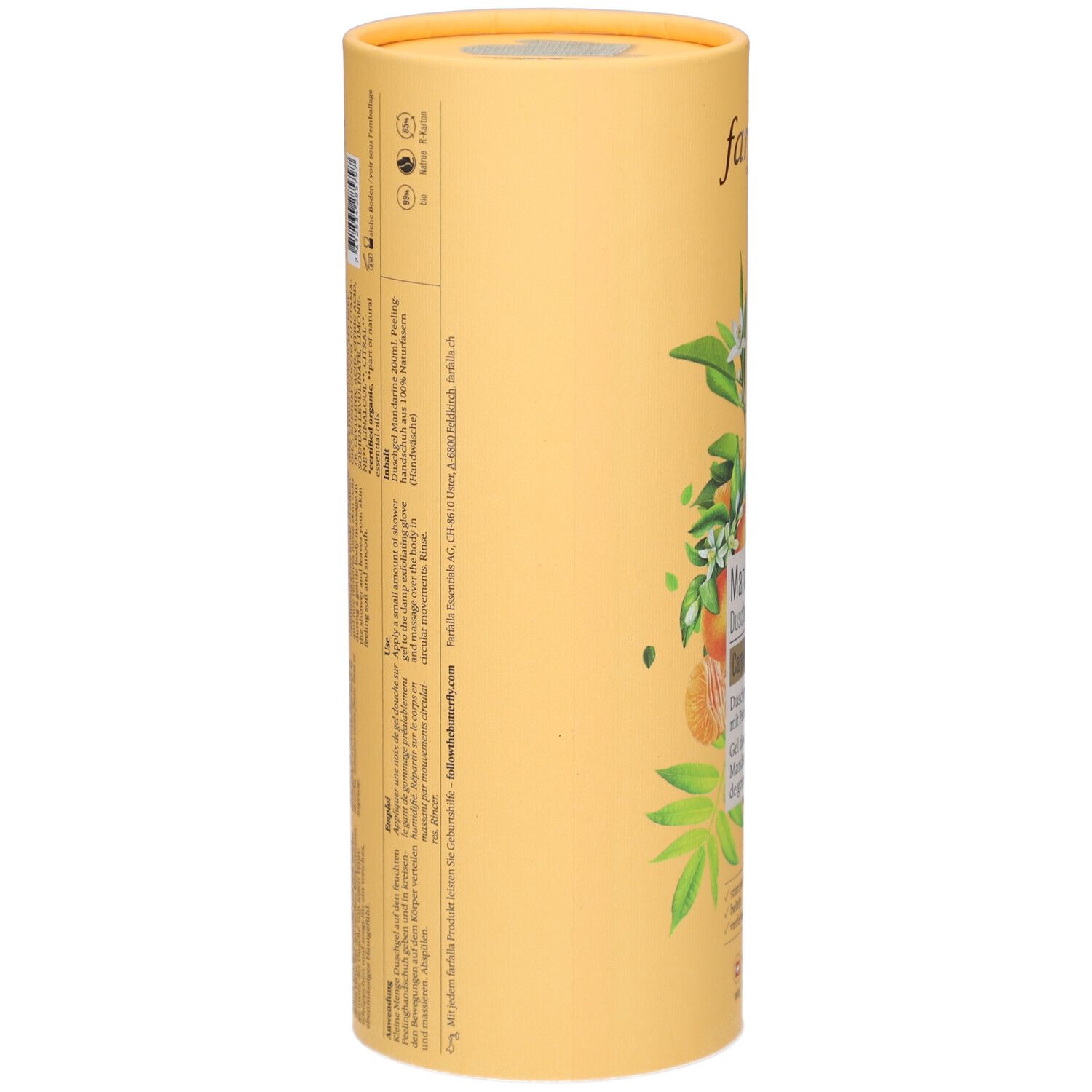 Emballage cylindrique jaune. Texte et illustrations sur le côté. Informations sur les ingrédients et le fabricant.