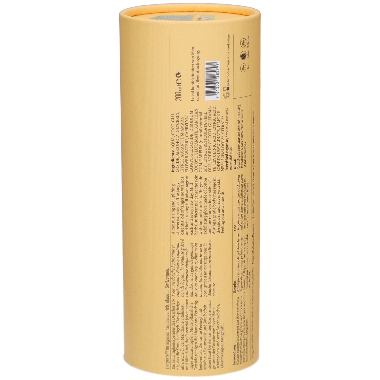 Emballage cylindrique jaune. Dos avec texte. Ingrédients, informations fabricant et logos.