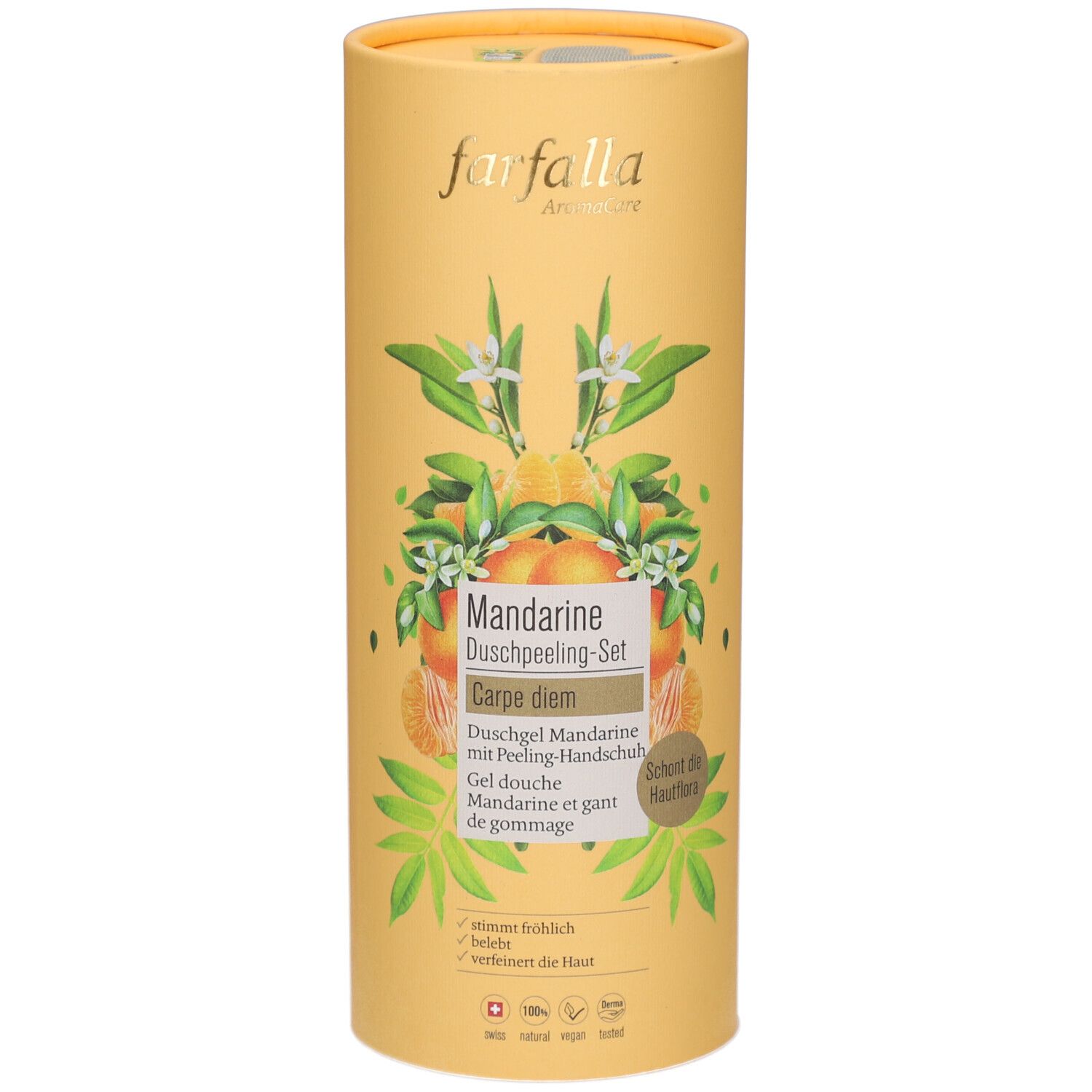 Emballage cylindrique jaune. Logo Farfalla. Set de gommage douche Mandarine. Illustrations de mandarines et feuilles. Texte en allemand et français.