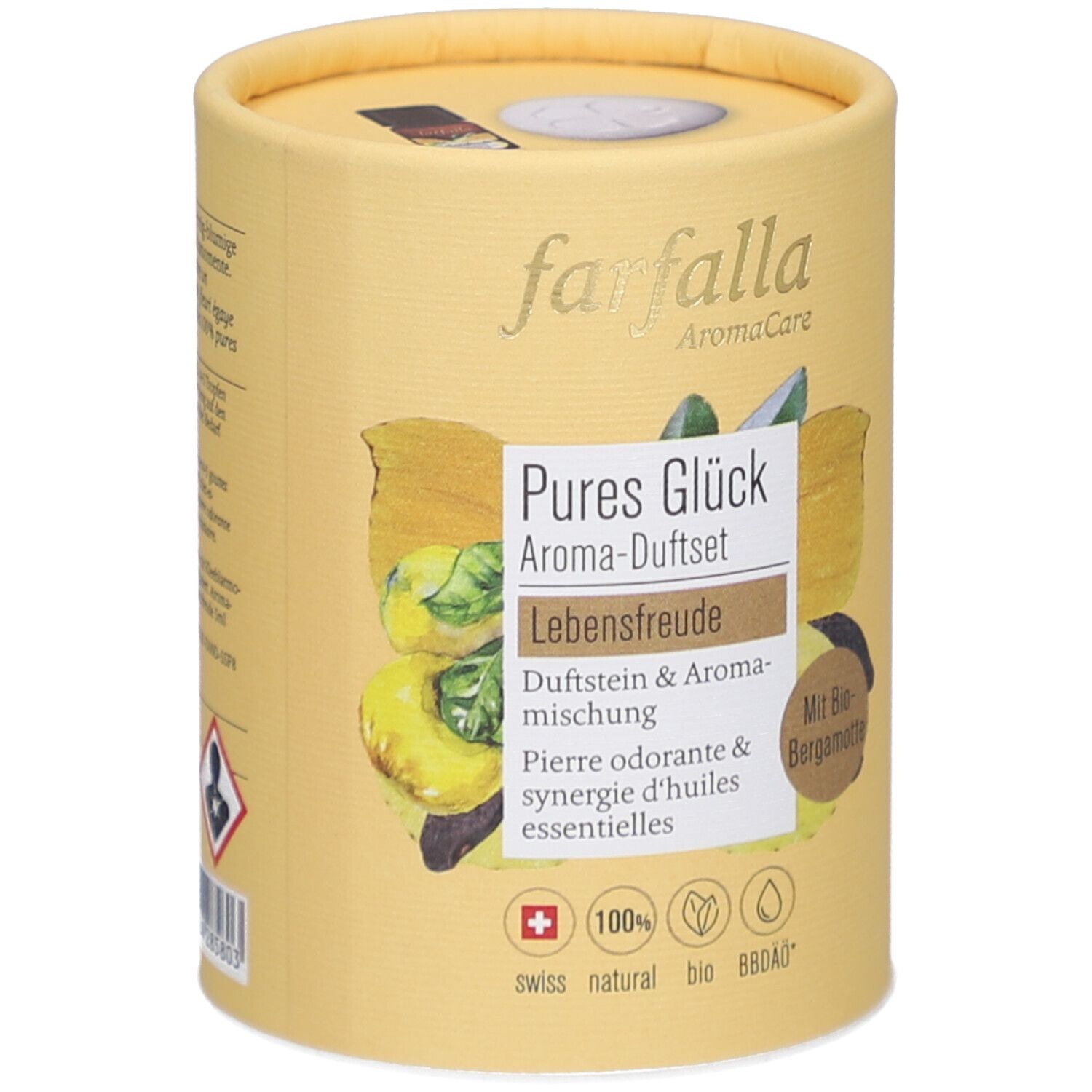 Emballage cylindrique. Inscription: Farfalla, Pures Glück Aroma-Duftset. Contient pierre odorante et mélange aromatique. Avec bergamote bio. Swiss natural bio.