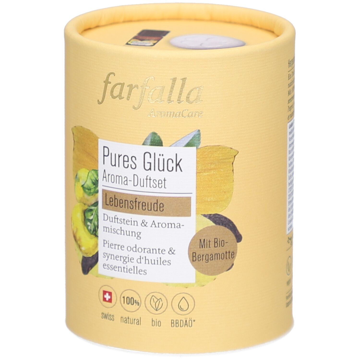 Emballage cylindrique. Inscription: Farfalla, Pures Glück Aroma-Duftset. Contient pierre odorante et mélange aromatique. Avec bergamote bio. Swiss natural bio.