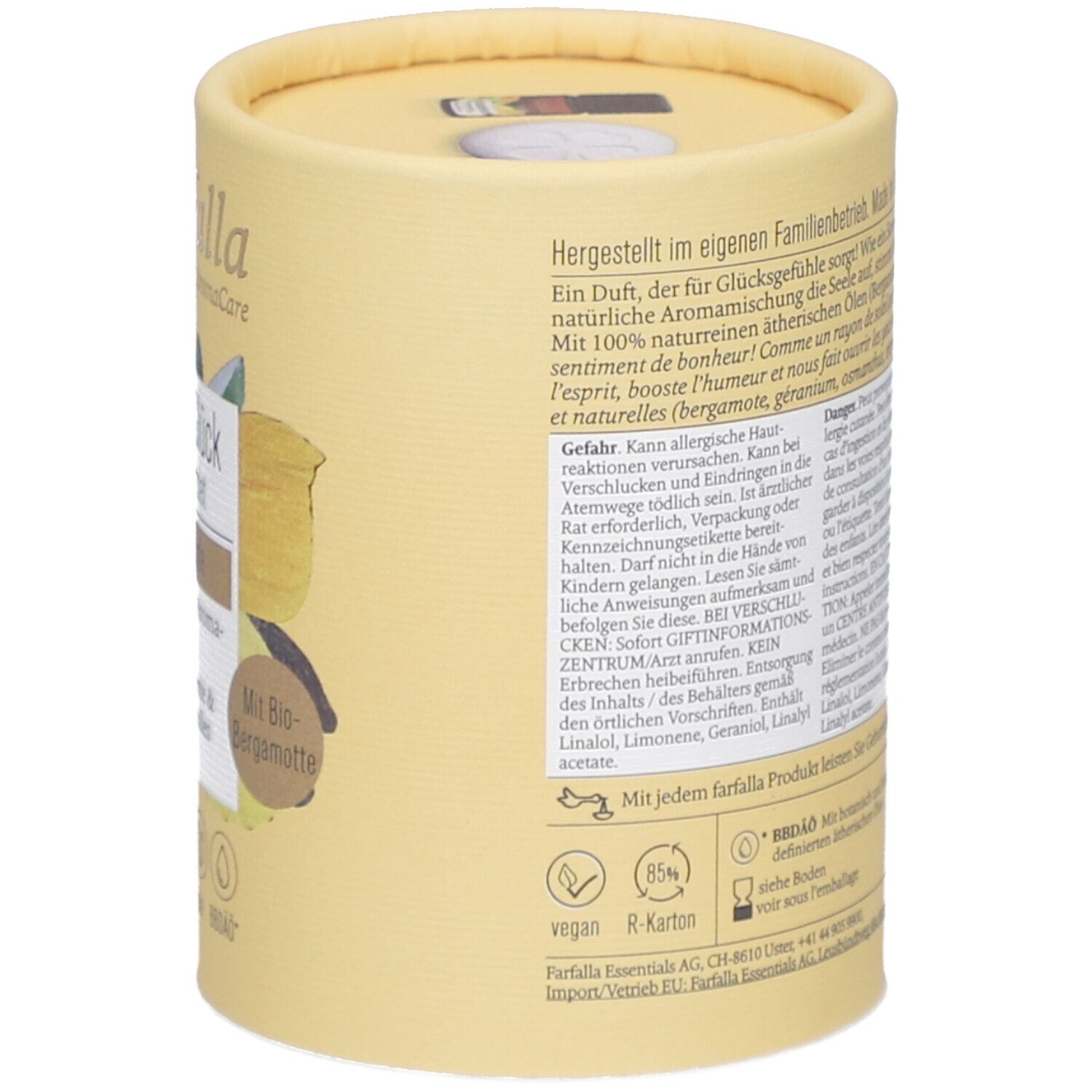 Dos de l'emballage cylindrique. Texte sur la fabrication, les ingrédients, les avertissements de danger. Végétalien, R-carton. Avec chaque produit Farfalla.