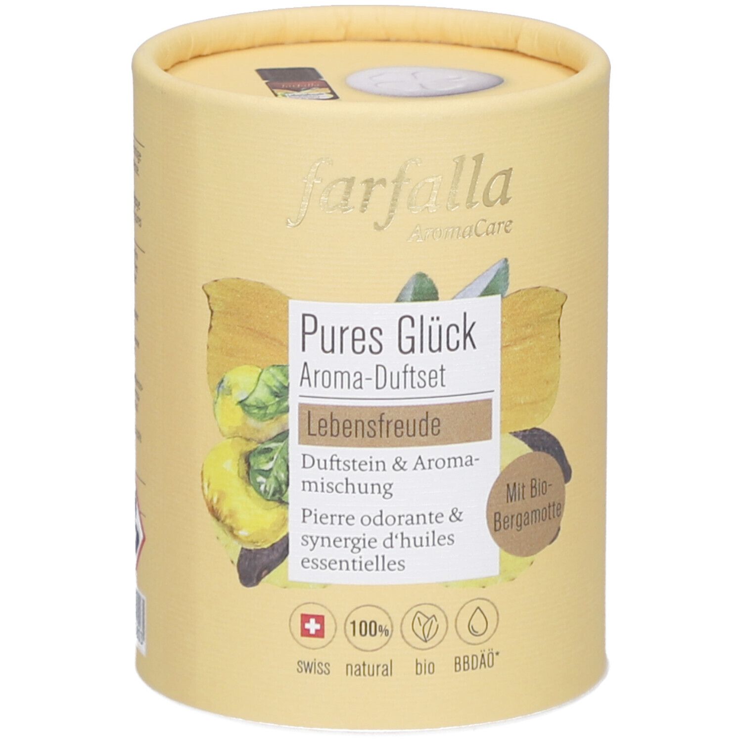 Emballage cylindrique. Inscription: Farfalla, Pures Glück Aroma-Duftset. Contient pierre odorante et mélange aromatique. Avec bergamote bio. Swiss natural bio.