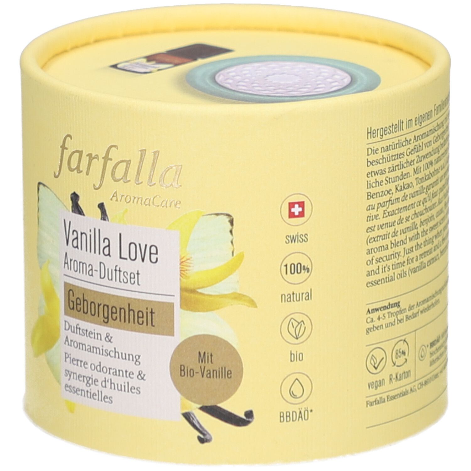 Emballage rond jaune. Inscription: Farfalla AromaCare, Vanilla Love Aroma-Duftset, Geborgenheit. Croix suisse, label bio.