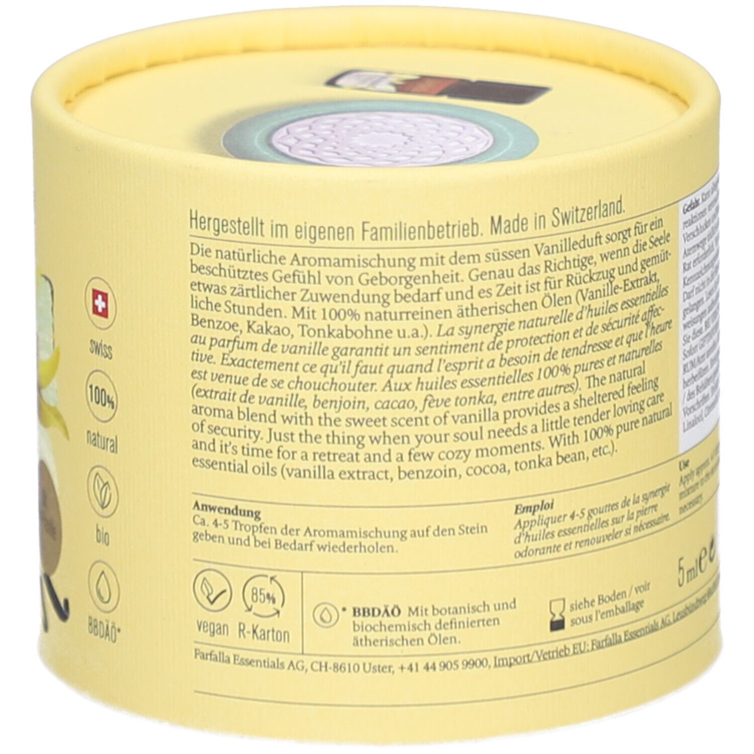 Emballage rond jaune. Inscription: Farfalla AromaCare, Vanilla Love Aroma-Duftset. Texte en allemand et anglais. 5ml.