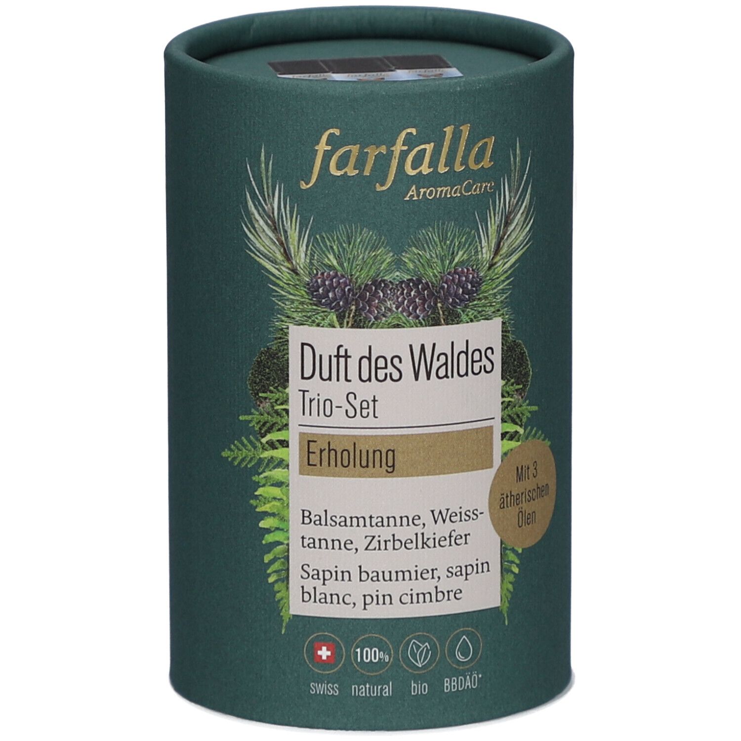 Emballage cylindrique vert. Inscription: farfalla AromaCare, Duft des Waldes Trio-Set, Erholung. Avec 3 huiles essentielles. Swiss natural bio.