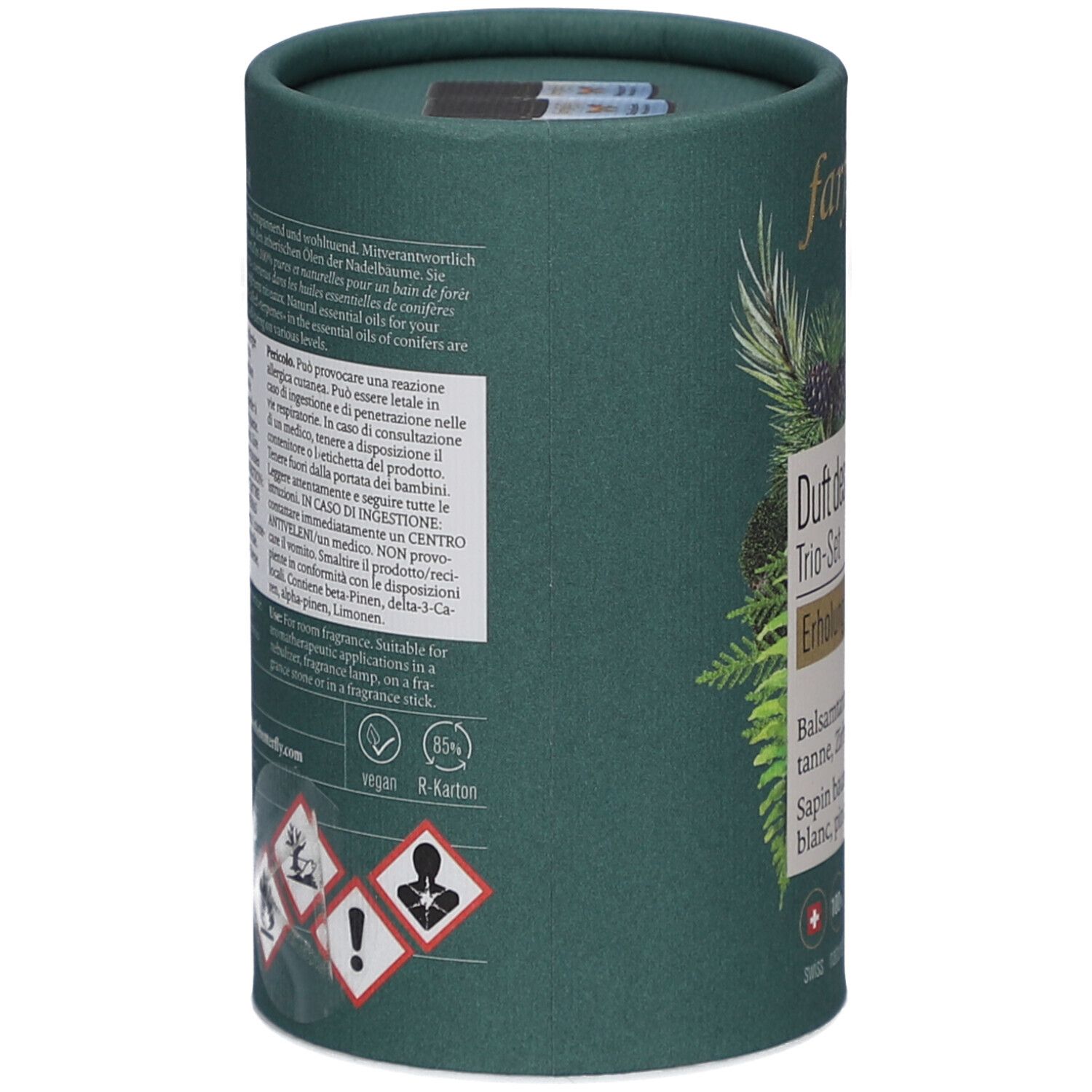 Emballage cylindrique vert. Texte: informations sur les ingrédients, avertissements, mode d'emploi. Vegan, R-Karton. Symboles de danger.