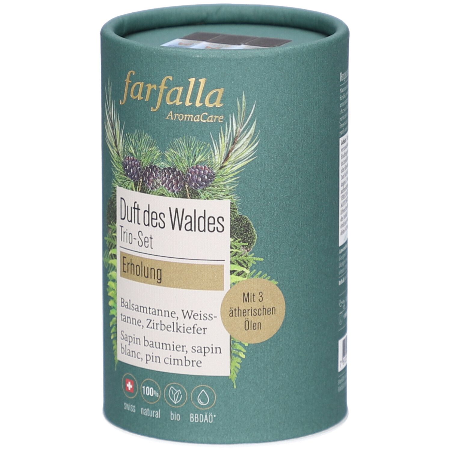 Emballage cylindrique vert. Inscription: farfalla AromaCare, Duft des Waldes Trio-Set, Erholung. Avec 3 huiles essentielles. Swiss natural bio.