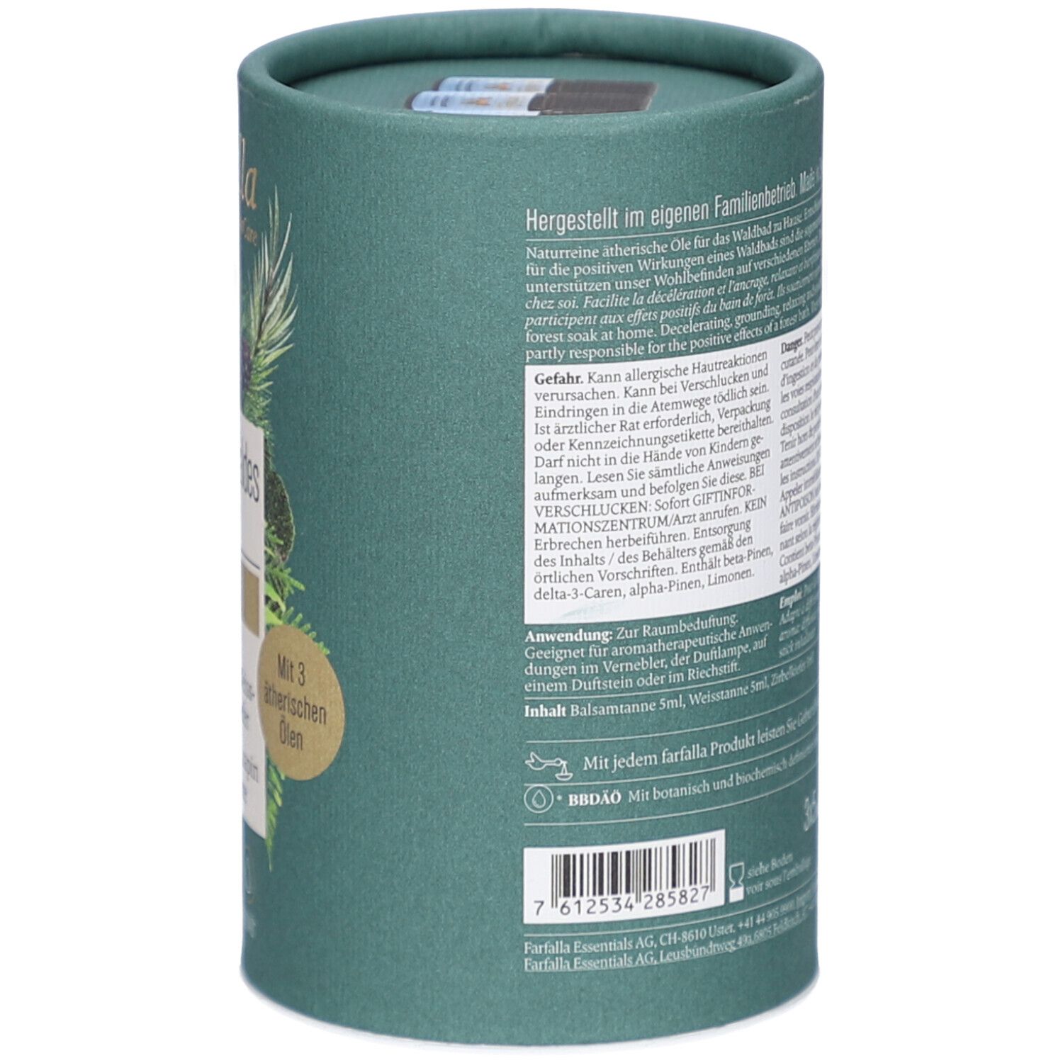 Emballage cylindrique vert. Texte: informations sur les ingrédients, mode d'emploi. Avec huiles essentielles botaniques et biochimiquement définies.
