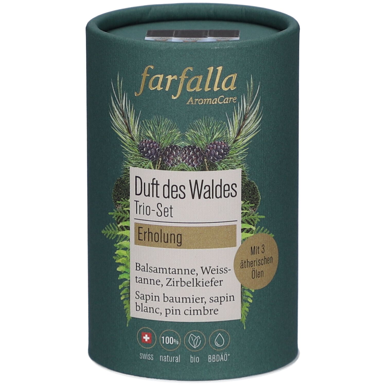 Emballage cylindrique vert. Inscription: farfalla AromaCare, Duft des Waldes Trio-Set, Erholung. Avec 3 huiles essentielles. Swiss natural bio.