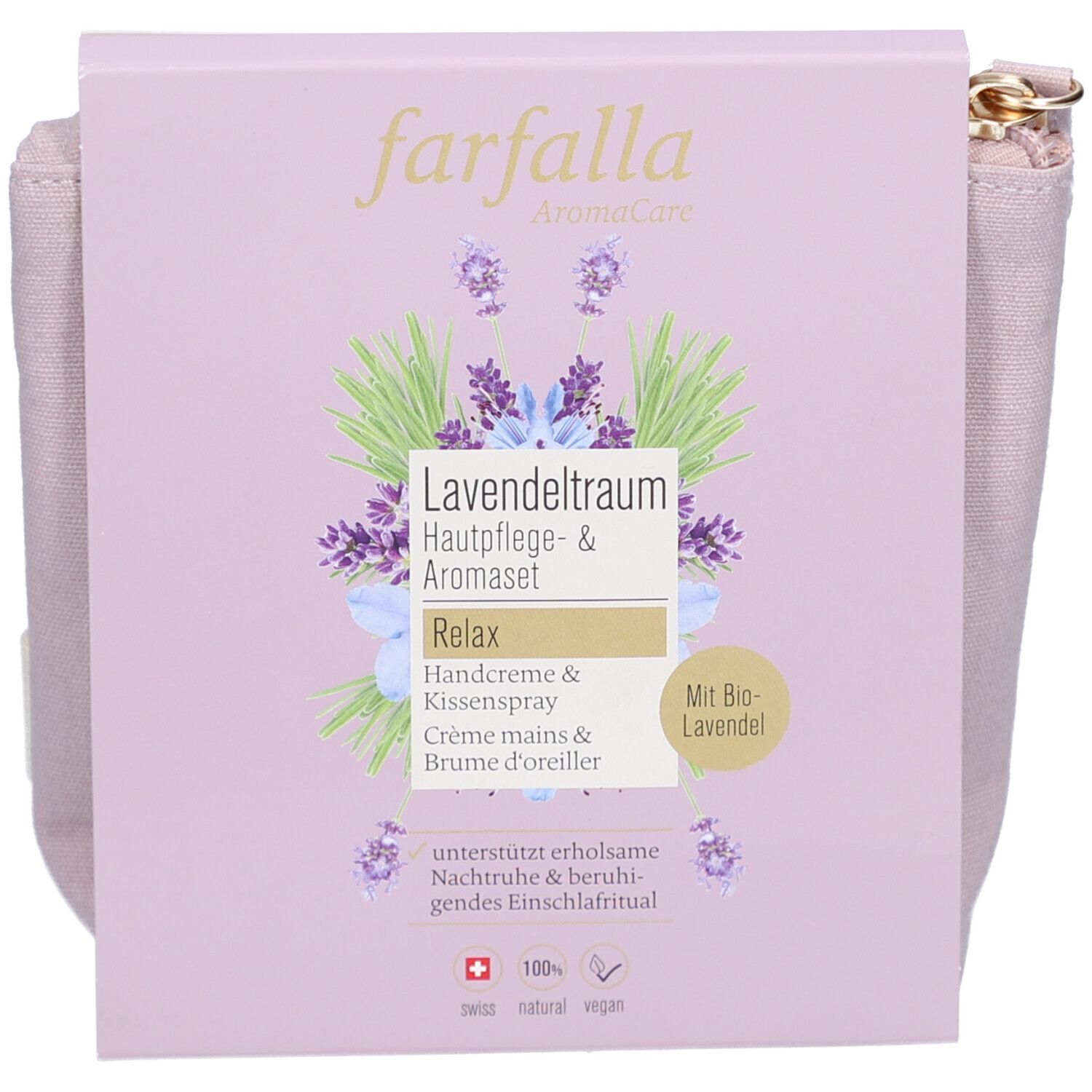 Trousse de toilette rose avec emballage produit. Inscription: farfalla, Lavendeltraum Hautpflege- & Aromaset. Crème mains & brume d'oreiller. Avec lavande bio.