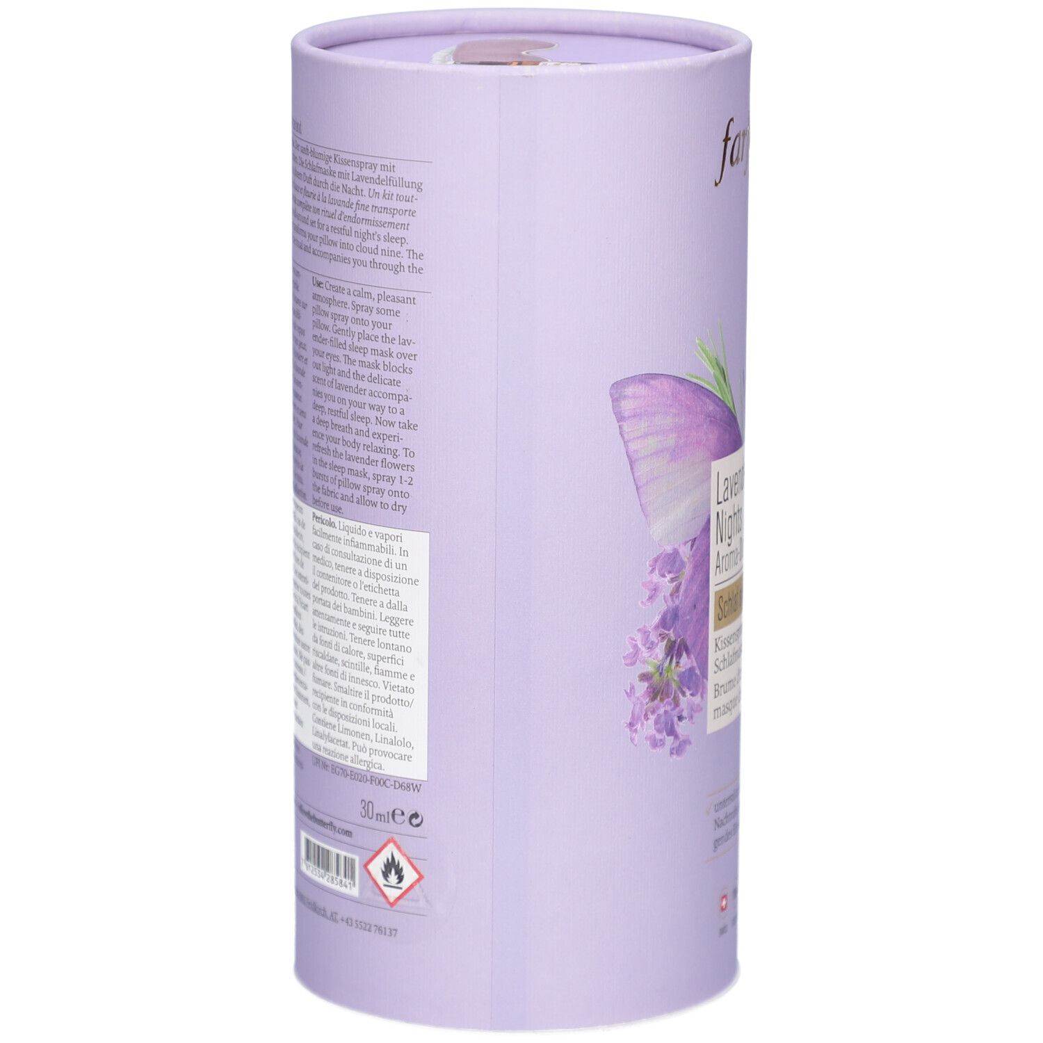 Emballage cylindrique violet. Texte sur le côté. Inscription : Farfalla, Lavender Nights Aroma-Duftset. Avertissements.