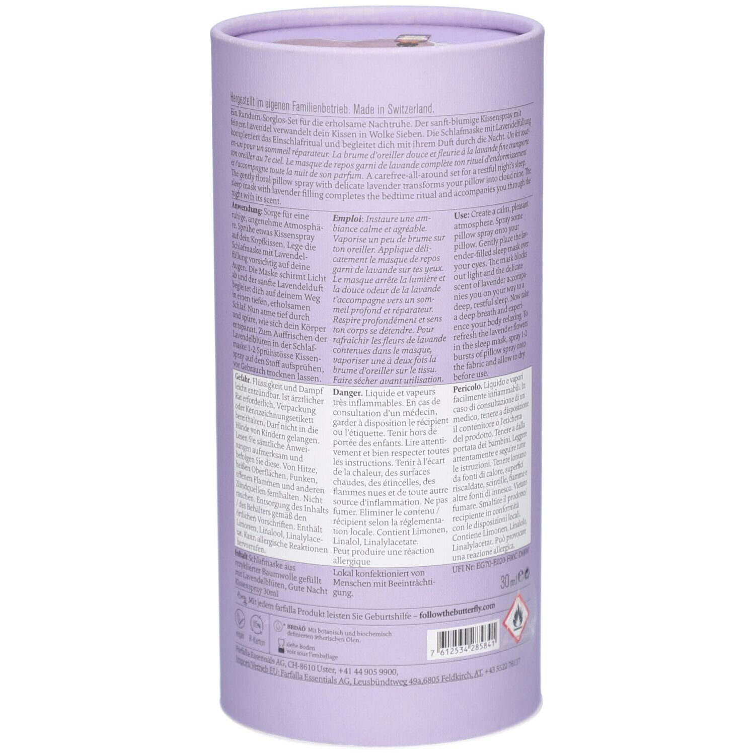 Emballage cylindrique violet. Texte au dos. Inscription : Farfalla, Lavender Nights Aroma-Duftset. Fabriqué en Suisse.