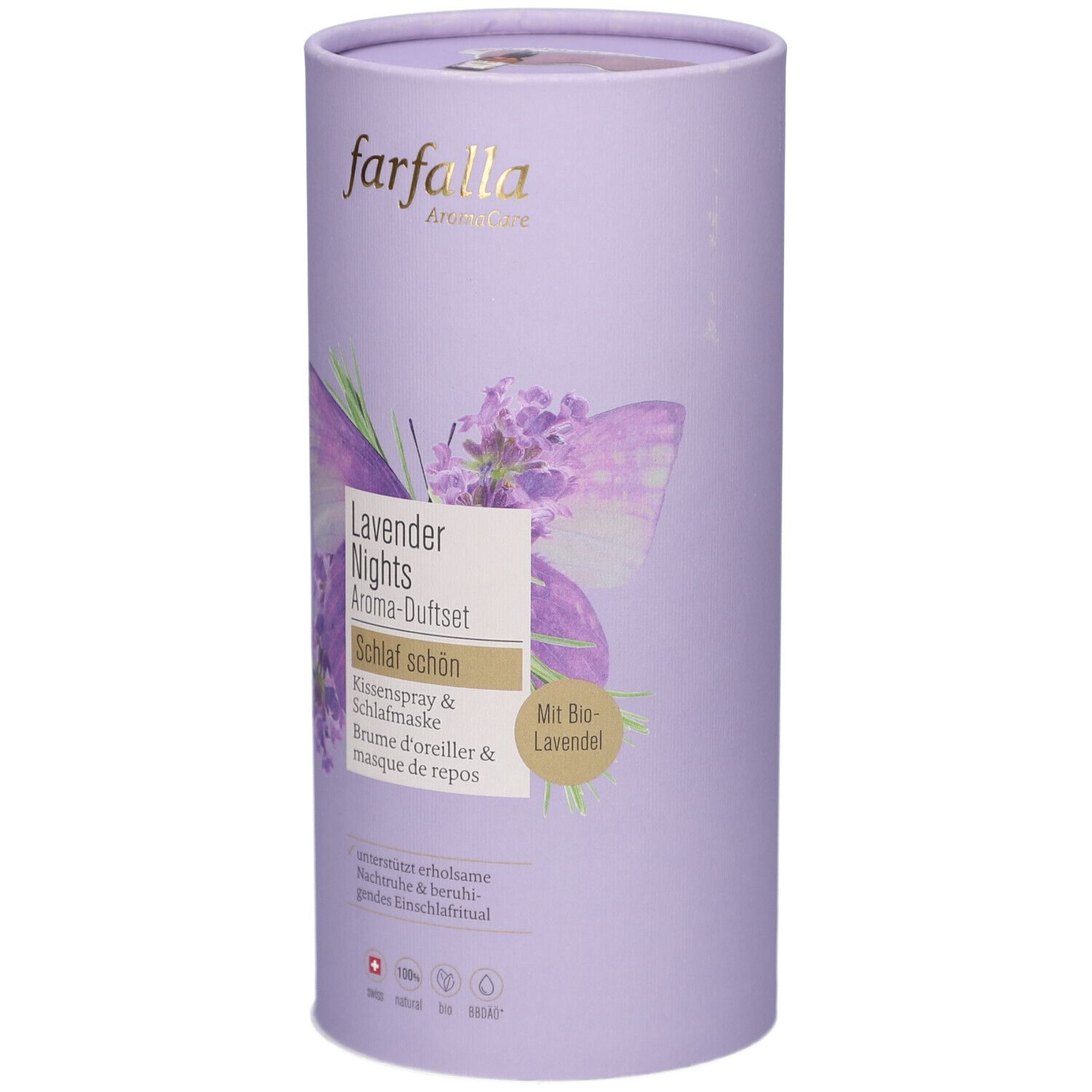 Emballage cylindrique violet. Inscription : Farfalla, Lavender Nights Aroma-Duftset. Illustration : fleurs de lavande et papillon.