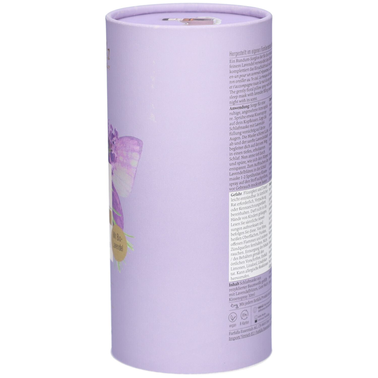 Emballage cylindrique violet. Texte sur le côté. Inscription : Farfalla, Lavender Nights Aroma-Duftset. Avertissements.