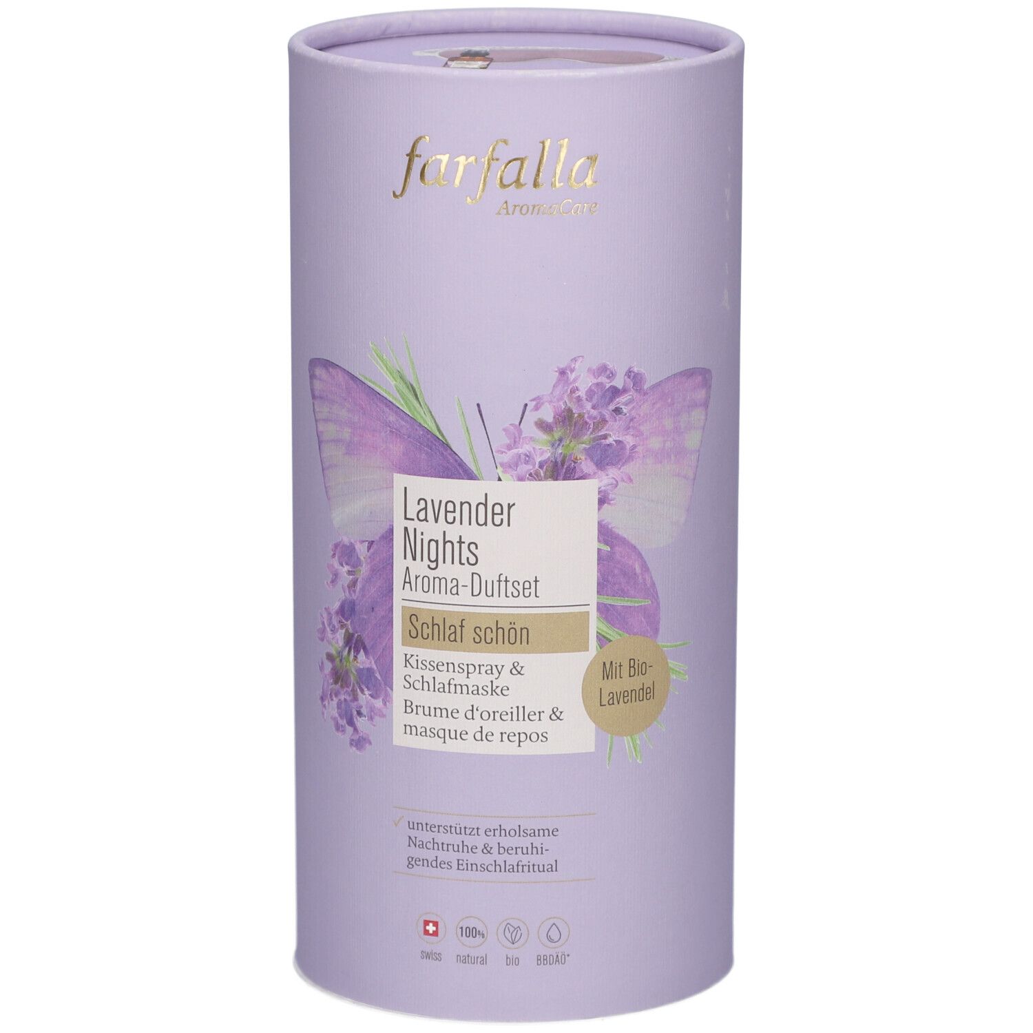 Emballage cylindrique violet. Inscription : Farfalla, Lavender Nights Aroma-Duftset. Illustration : fleurs de lavande et papillon.