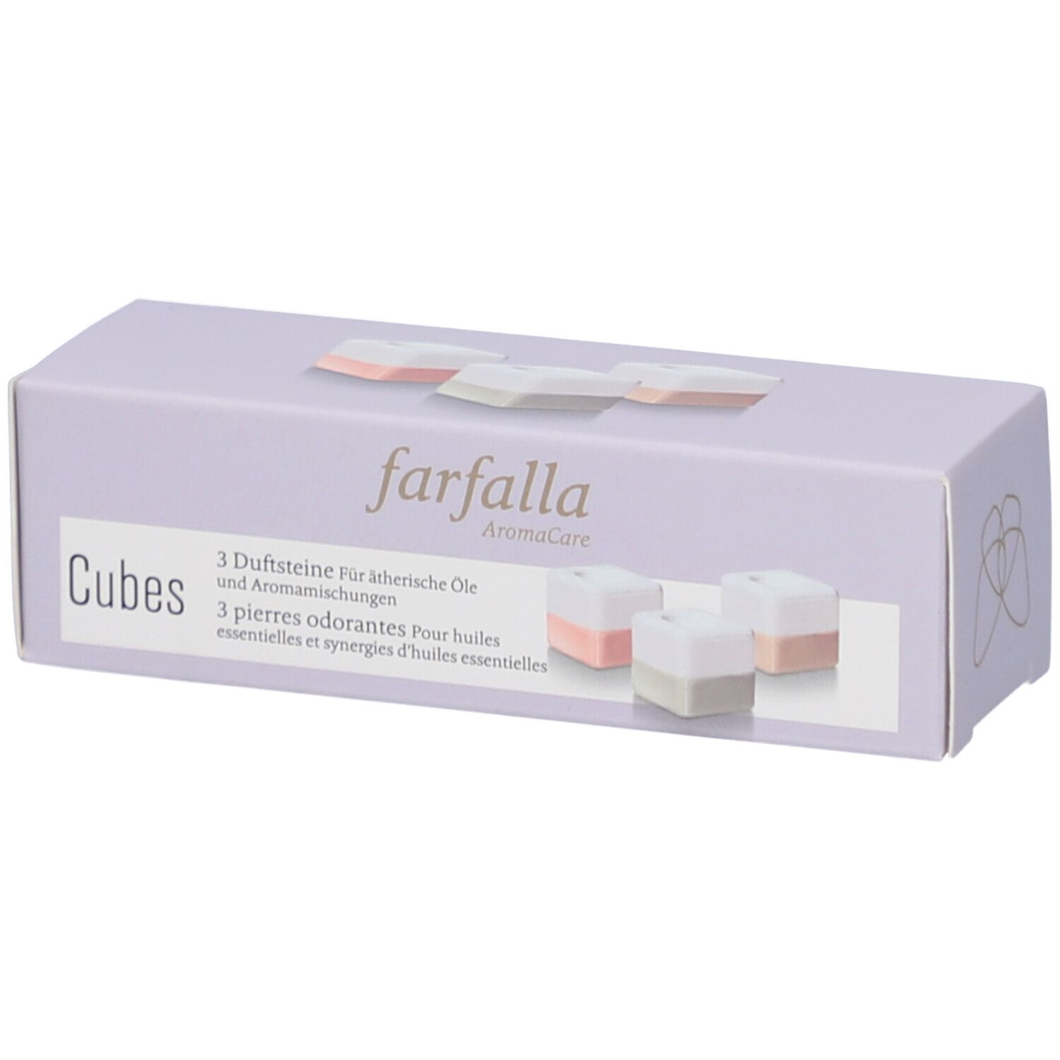 Boîte lilas clair avec image du produit. Inscription : farfalla, Cubes, 3 pierres odorantes. Trois cubes roses et gris.