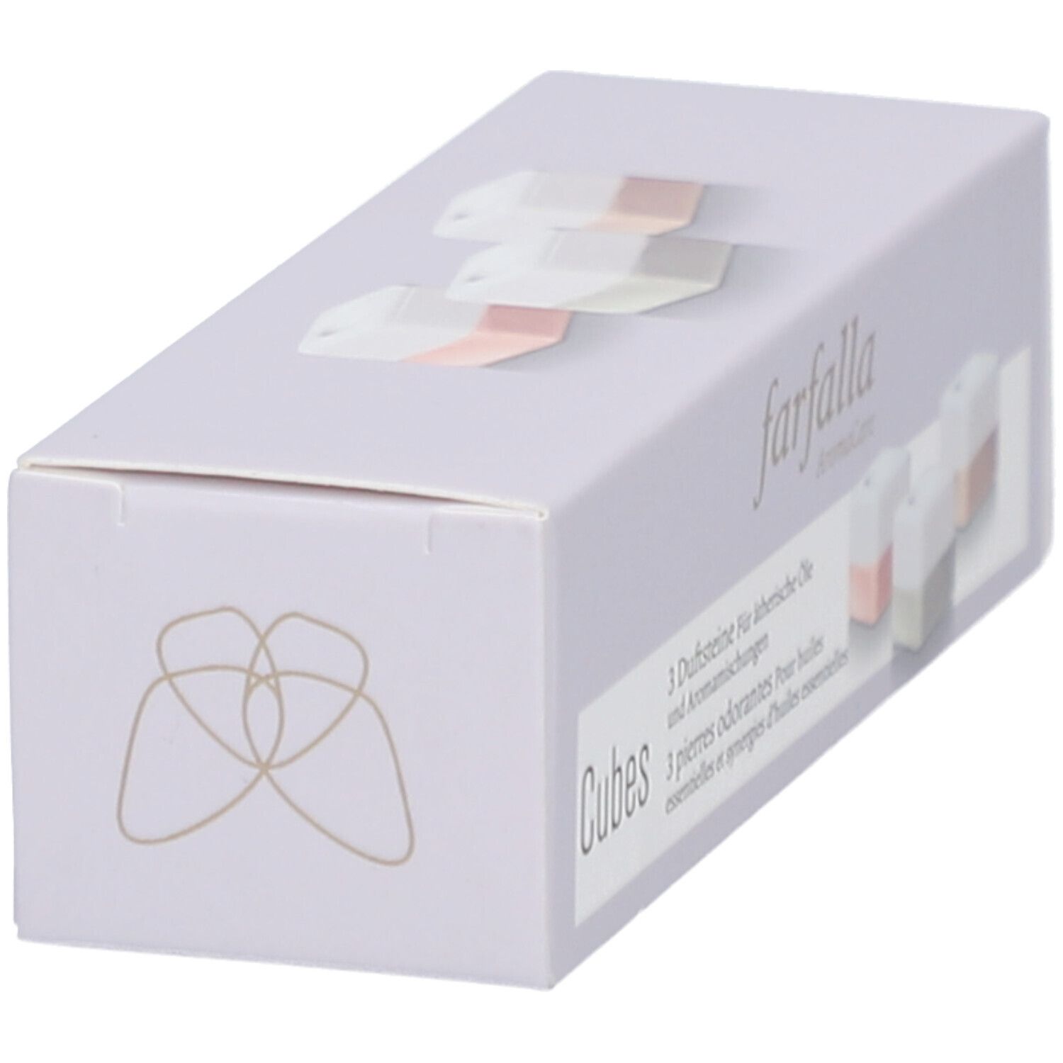Boîte lilas clair, vue latérale. Logo : farfalla. Inscription : Cubes, 3 pierres odorantes. Trois cubes roses et gris.
