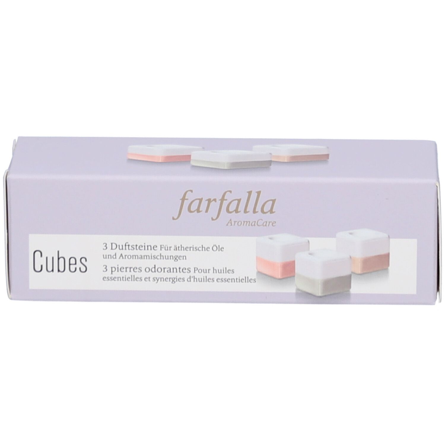 Boîte lilas clair avec image du produit. Inscription : farfalla, Cubes, 3 pierres odorantes. Trois cubes roses et gris.