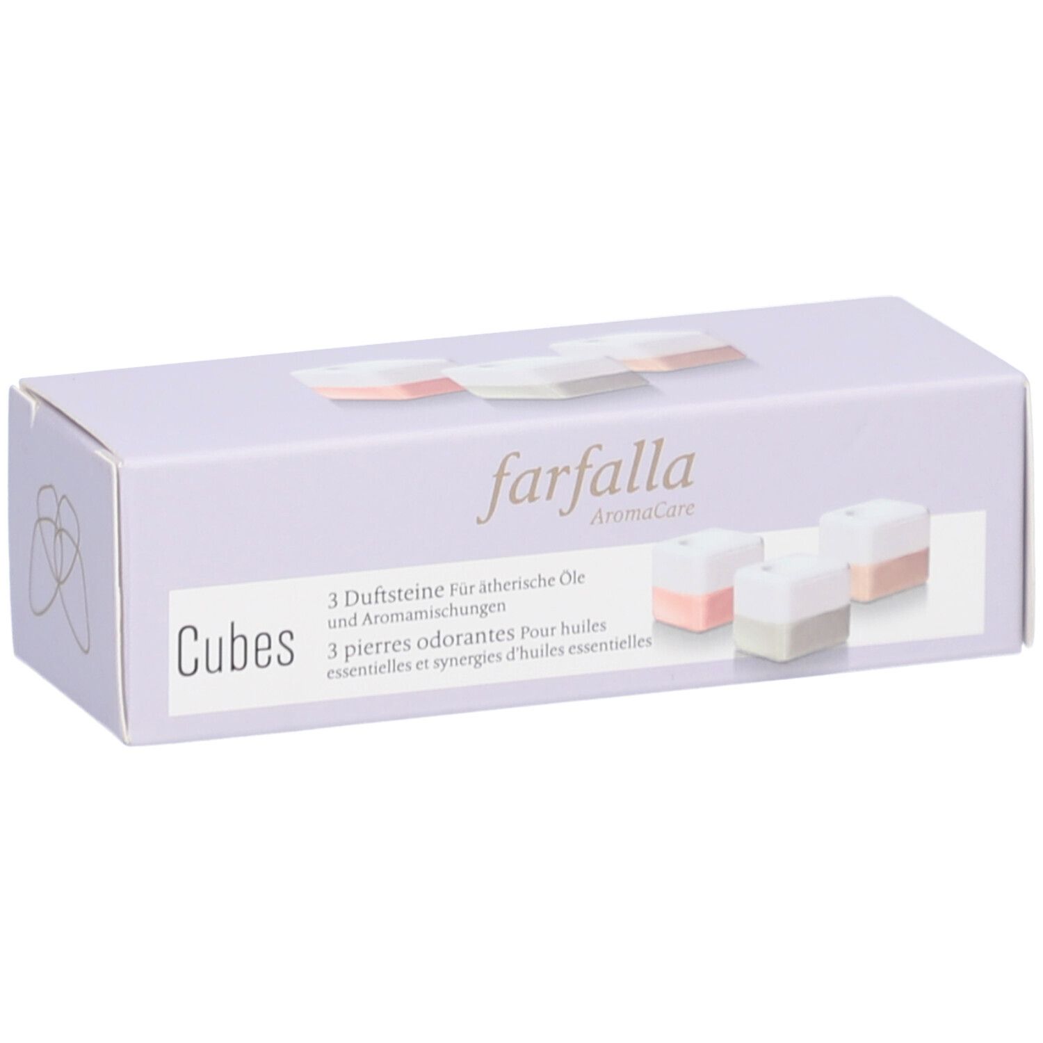 Boîte lilas clair avec image du produit. Inscription : farfalla, Cubes, 3 pierres odorantes. Trois cubes roses et gris.
