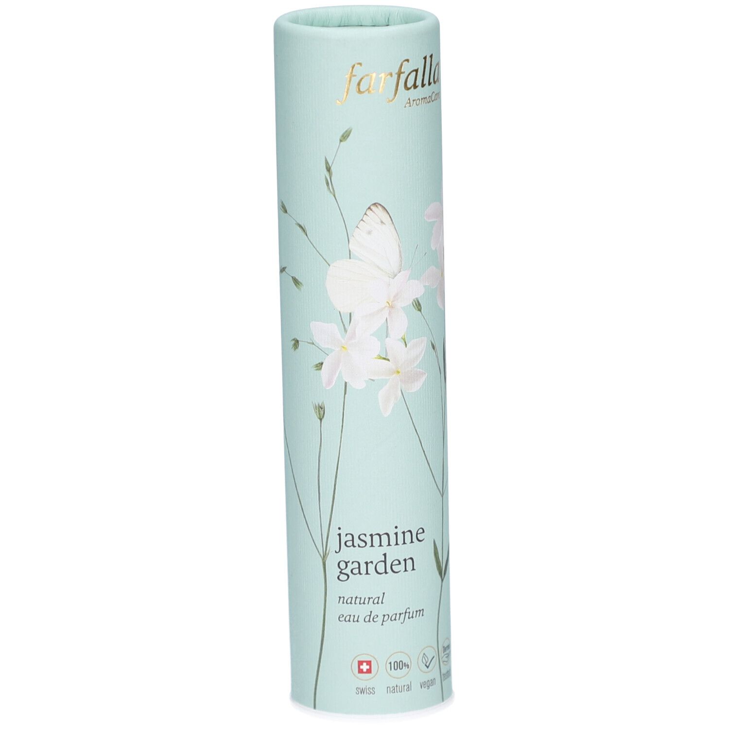 Emballage cylindrique bleu clair avec motif floral. Inscription: Farfalla, Jasmine Garden, eau de parfum naturelle. Croix suisse.