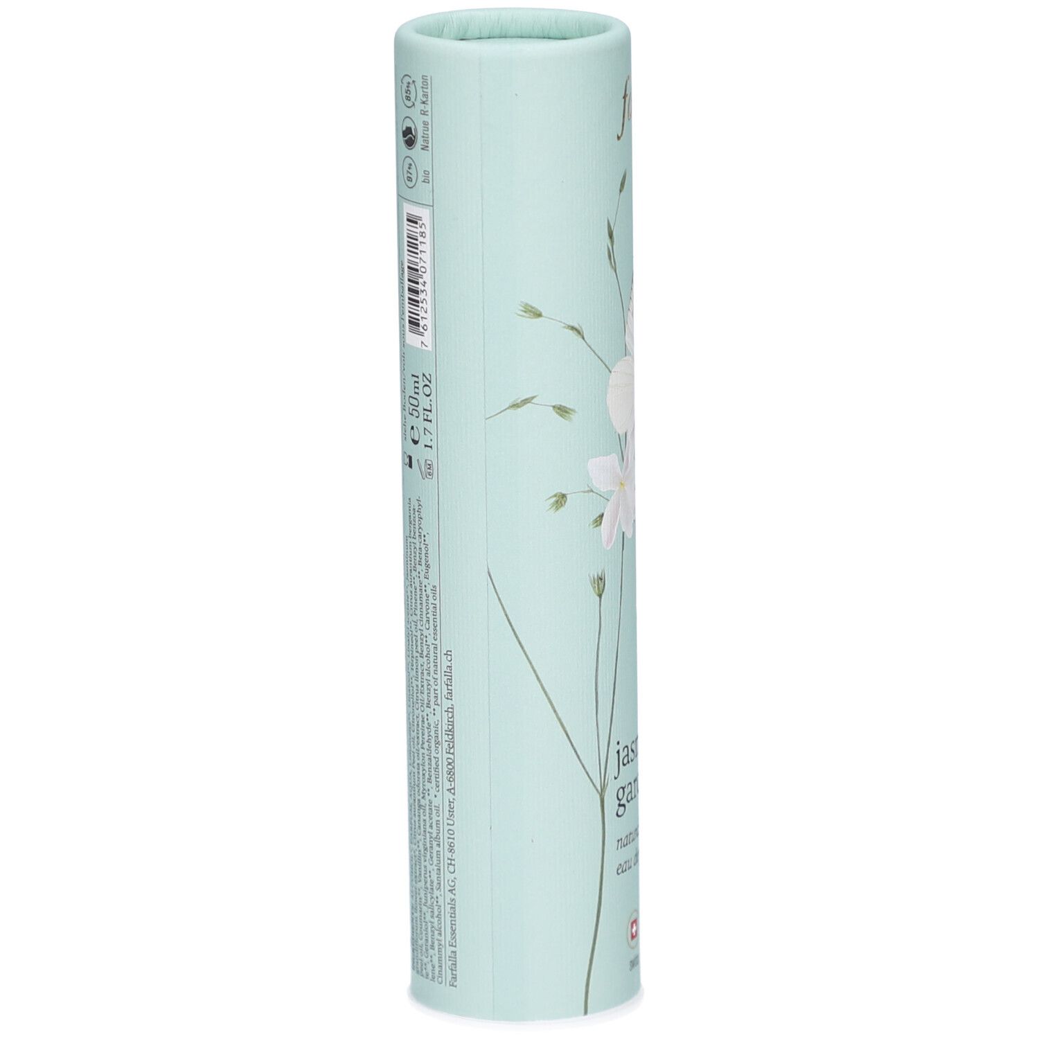 Emballage cylindrique bleu clair avec motif floral. Inscription: Farfalla, Jasmine Garden, eau de parfum naturelle. Texte et symboles.