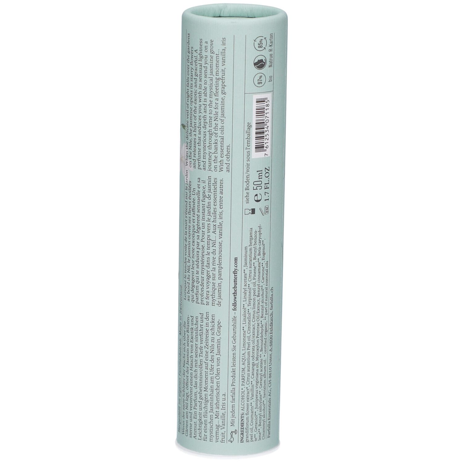 Emballage cylindrique bleu clair avec texte. Inscription: Farfalla, Jasmine Garden, eau de parfum naturelle. Texte et symboles.