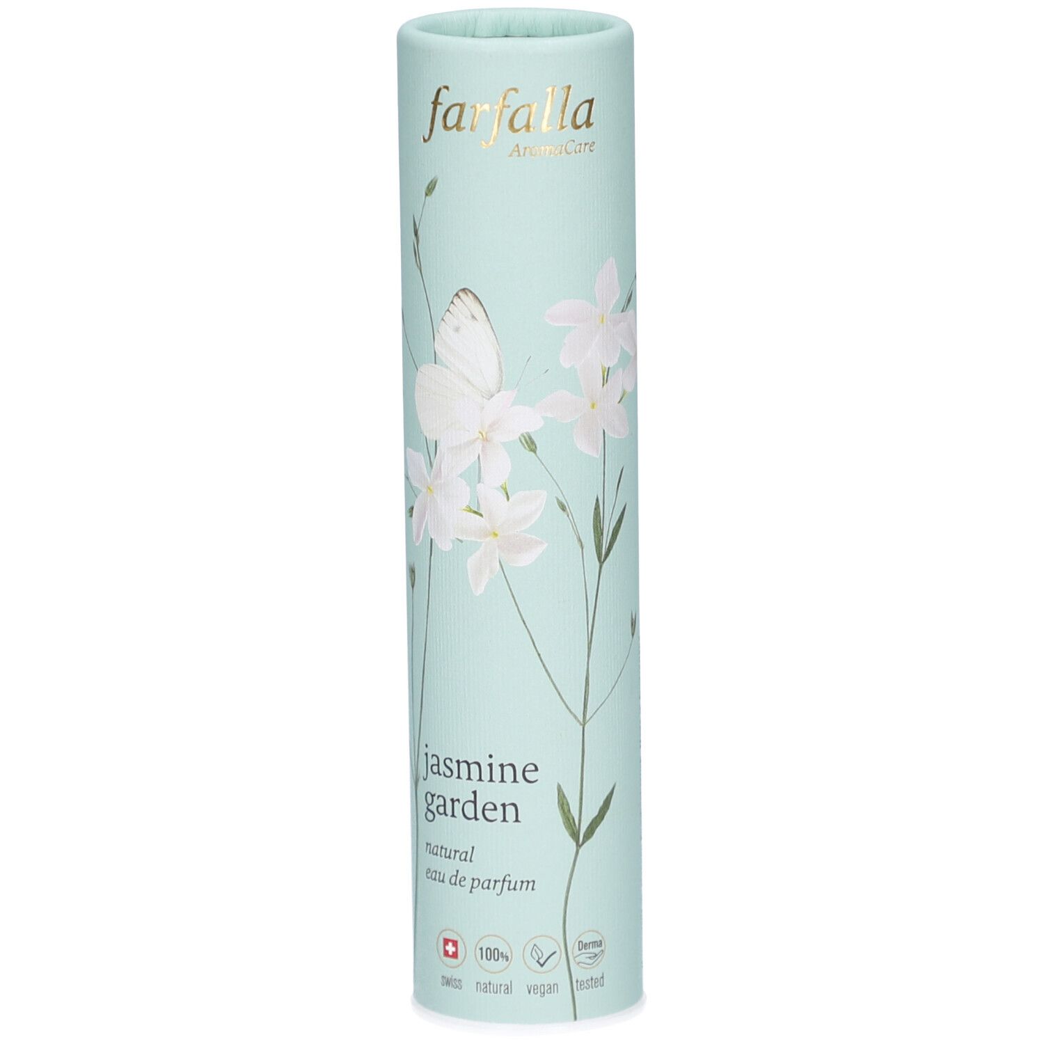 Emballage cylindrique bleu clair avec motif floral. Inscription: Farfalla, Jasmine Garden, eau de parfum naturelle. Croix suisse.