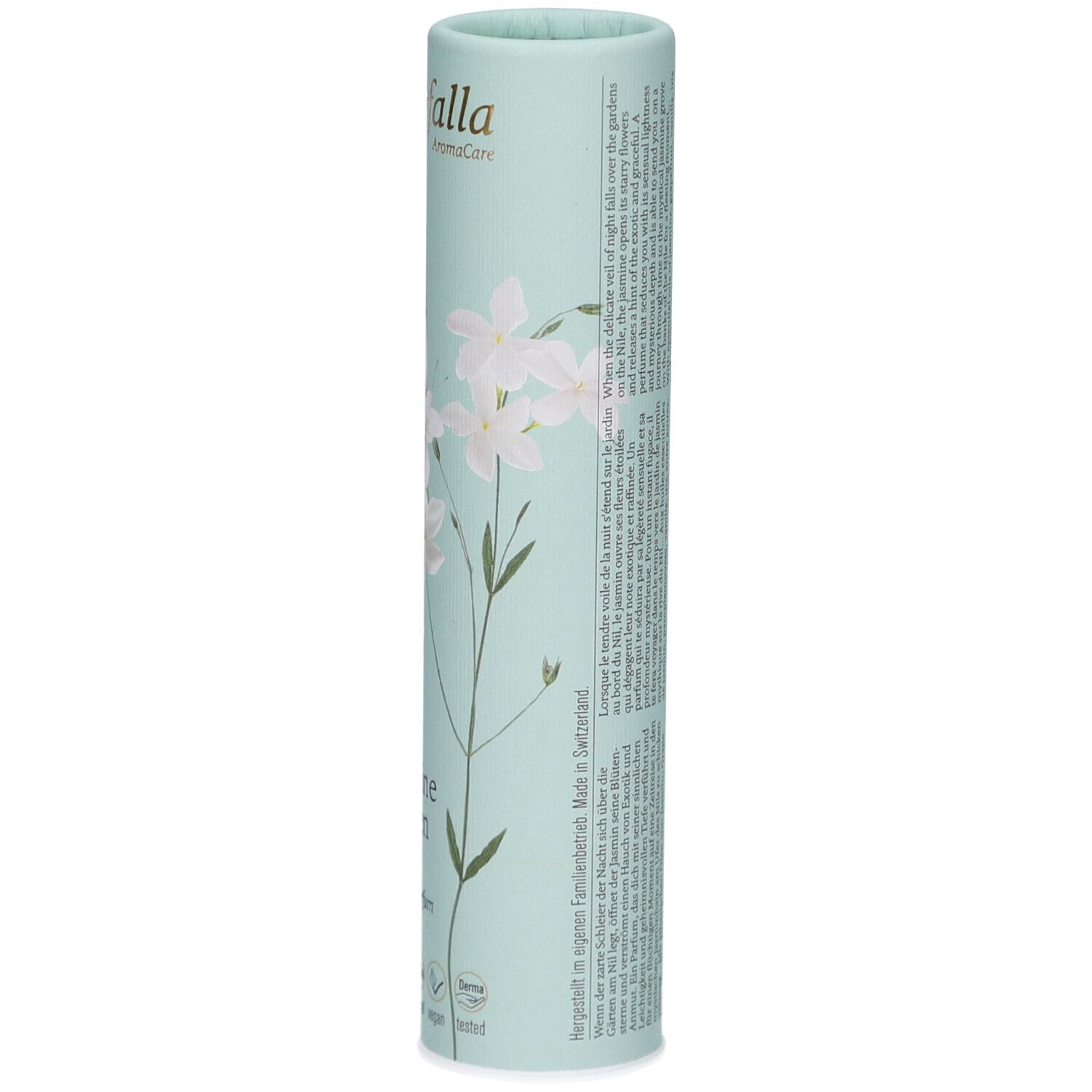 Emballage cylindrique bleu clair avec motif floral. Inscription: Farfalla, Jasmine Garden, eau de parfum naturelle. Texte et symboles.
