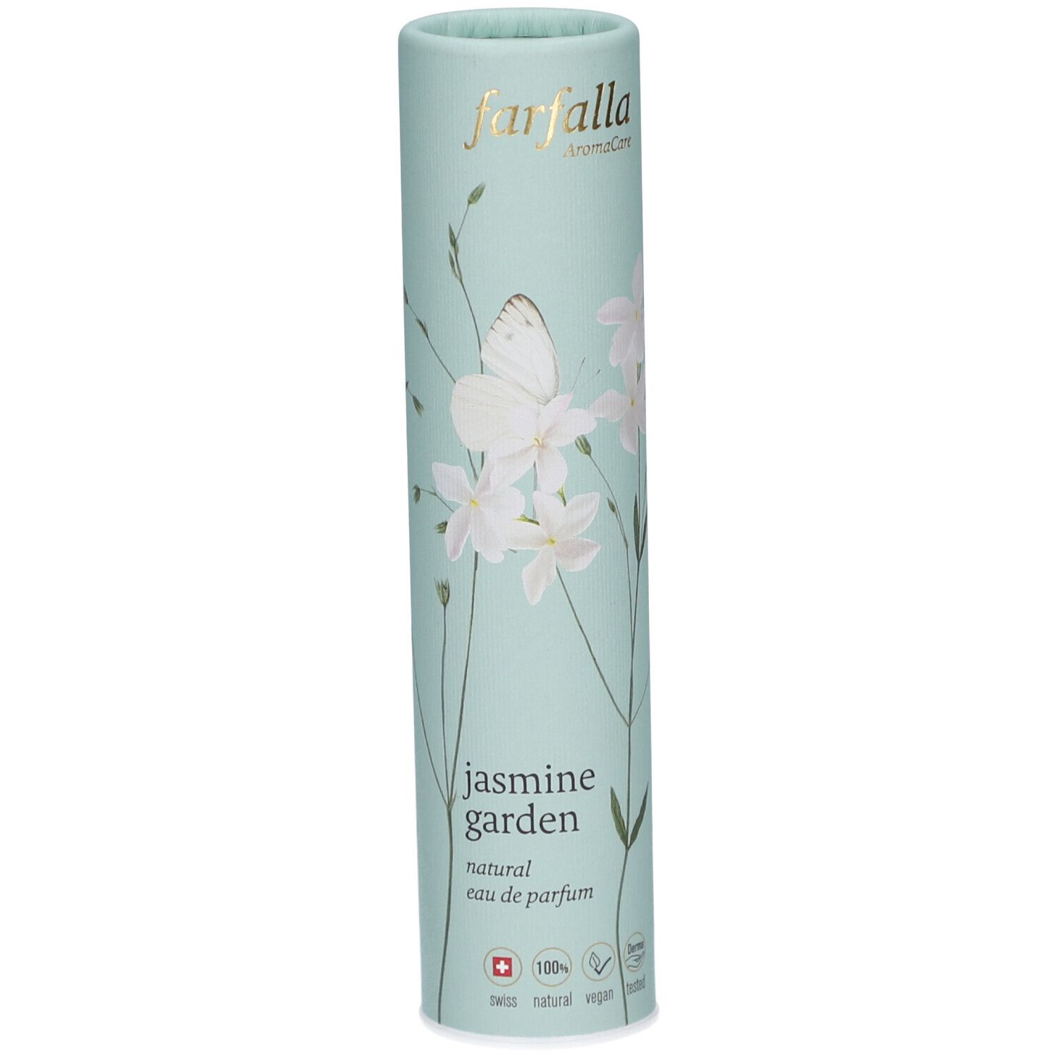 Emballage cylindrique bleu clair avec motif floral. Inscription: Farfalla, Jasmine Garden, eau de parfum naturelle. Croix suisse.