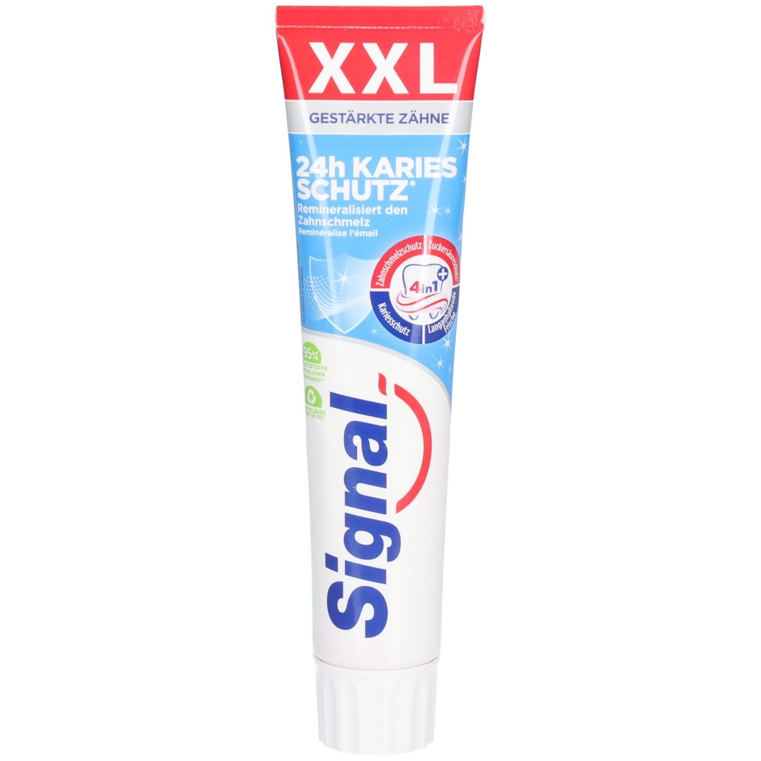 Tube de dentifrice rouge et blanc, avec "XXL" et "Signal". Contient "24h Karies Schutz".