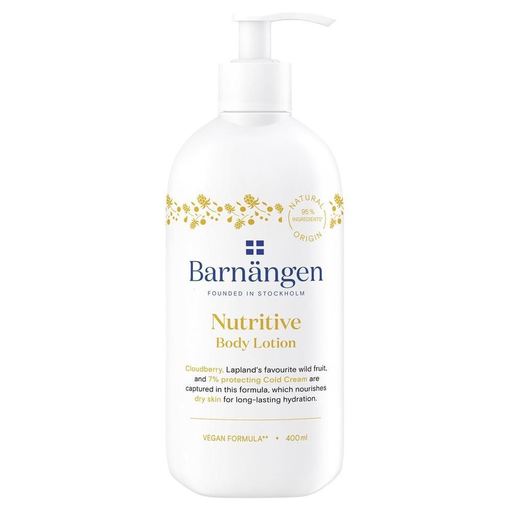 Flacon blanc avec pompe. Inscription: Barnängen Nutritive Body Lotion. Motif floral et texte. Vegan.