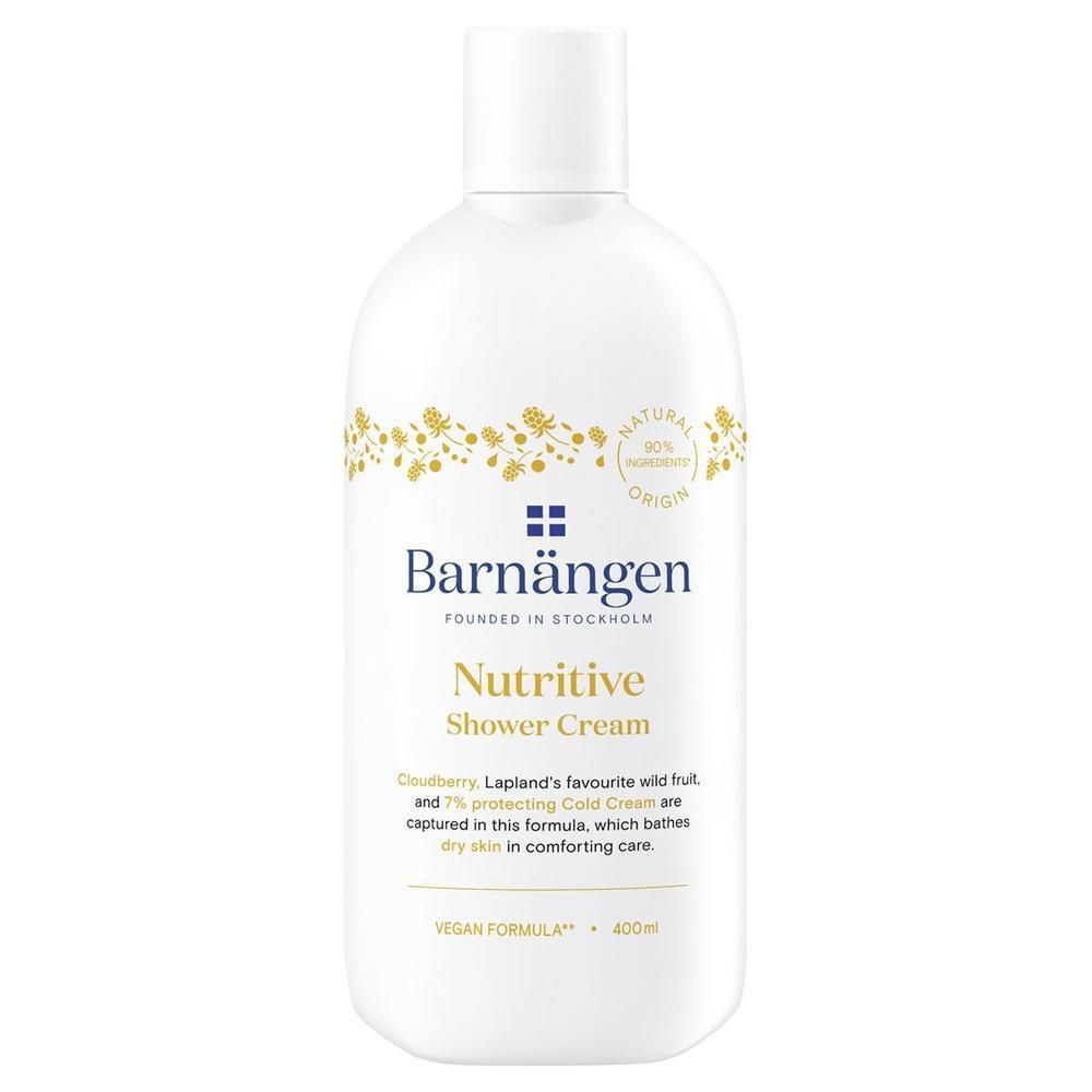 Flacon blanc BARNÄNGEN Duschgel Nutritive. Motifs floraux jaunes et logo. Texte : Natural 80% Origine. Formule végétalienne.