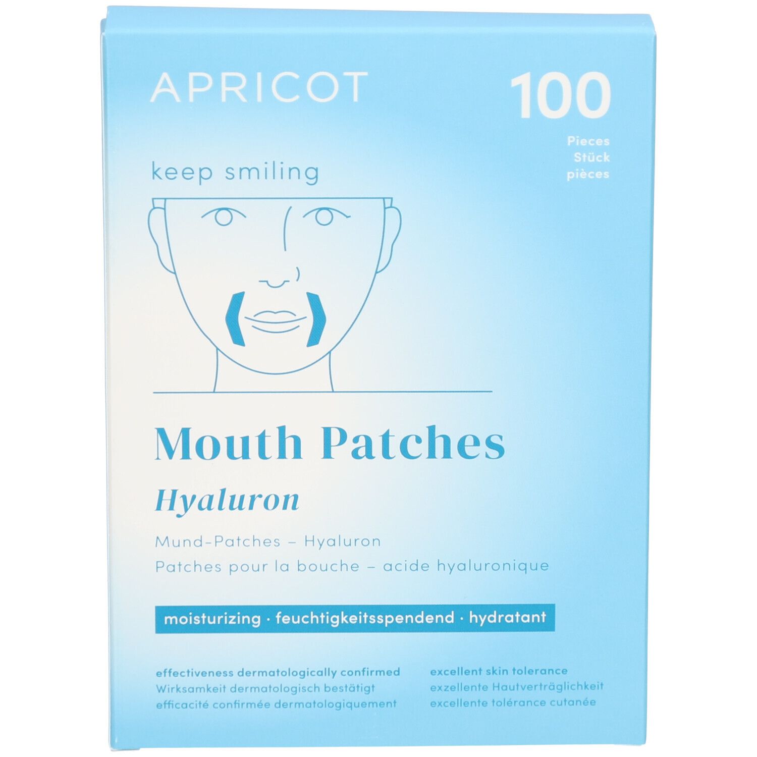 Boîte bleu clair APRICOT avec texte "keep smiling" et illustration de bouche. Contient 100 patchs pour la bouche.