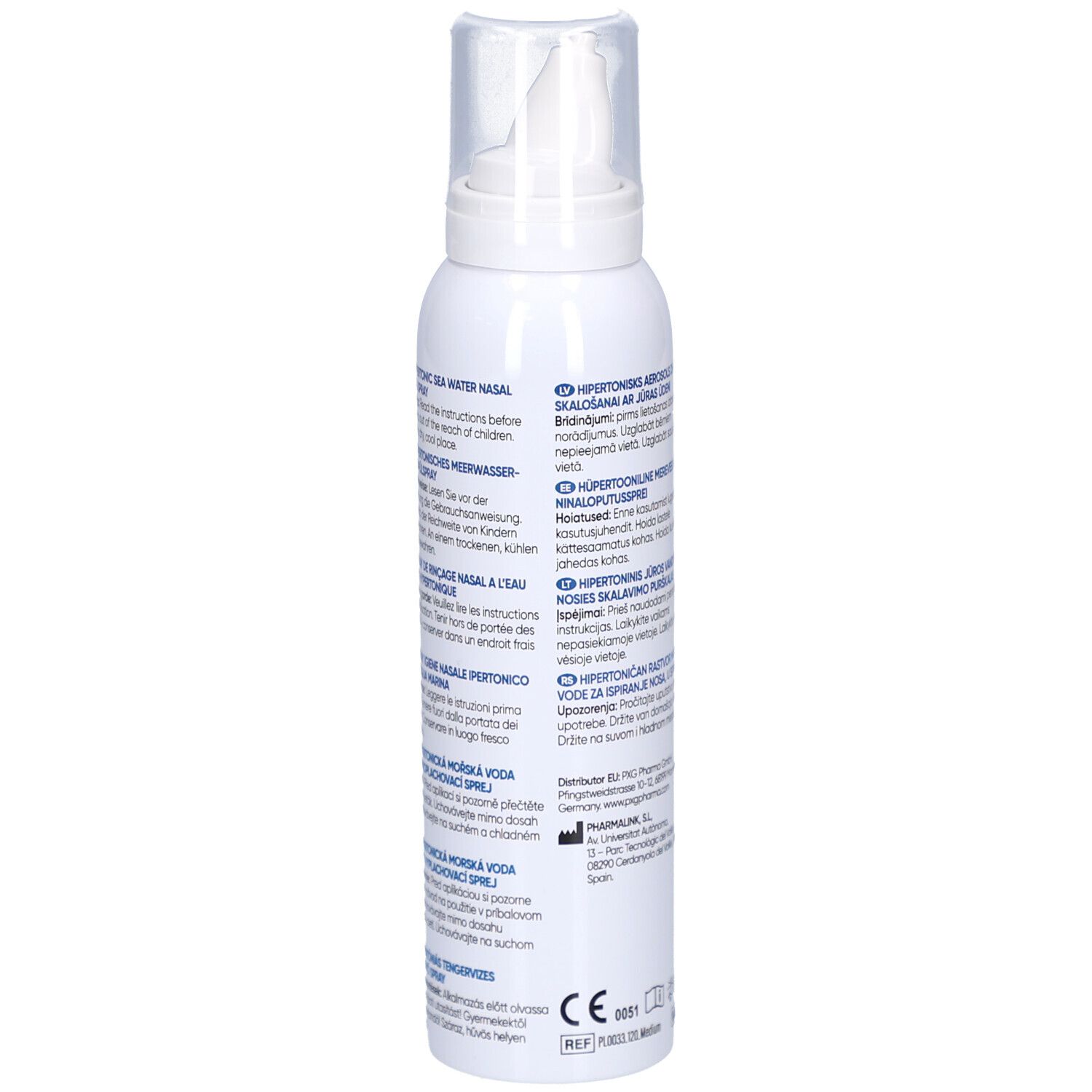 Spray nasal blanc, vue latérale. Texte: mode d'emploi, ingrédients, avertissements. Marquage CE.