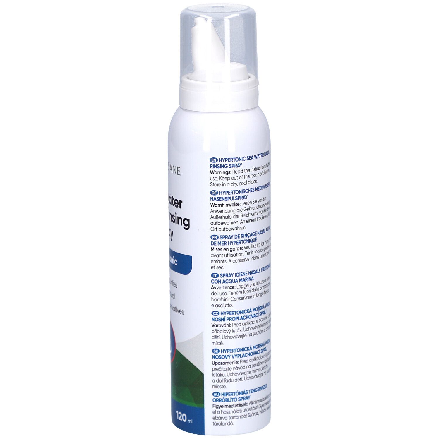 Spray nasal blanc, vue latérale. Texte: mode d'emploi, ingrédients, avertissements. 120 ml.