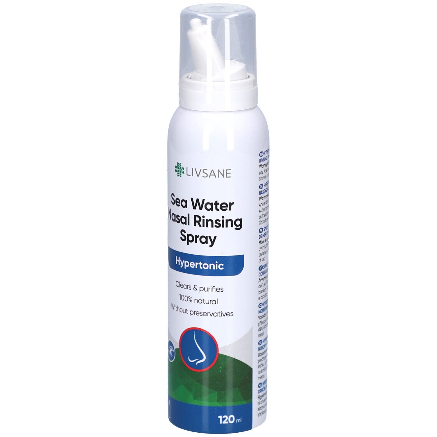 Spray nasal blanc avec embout. Inscription: LIVSANE, Sea Water Nasal Rinsing Spray, Hypertonic. 120 ml.