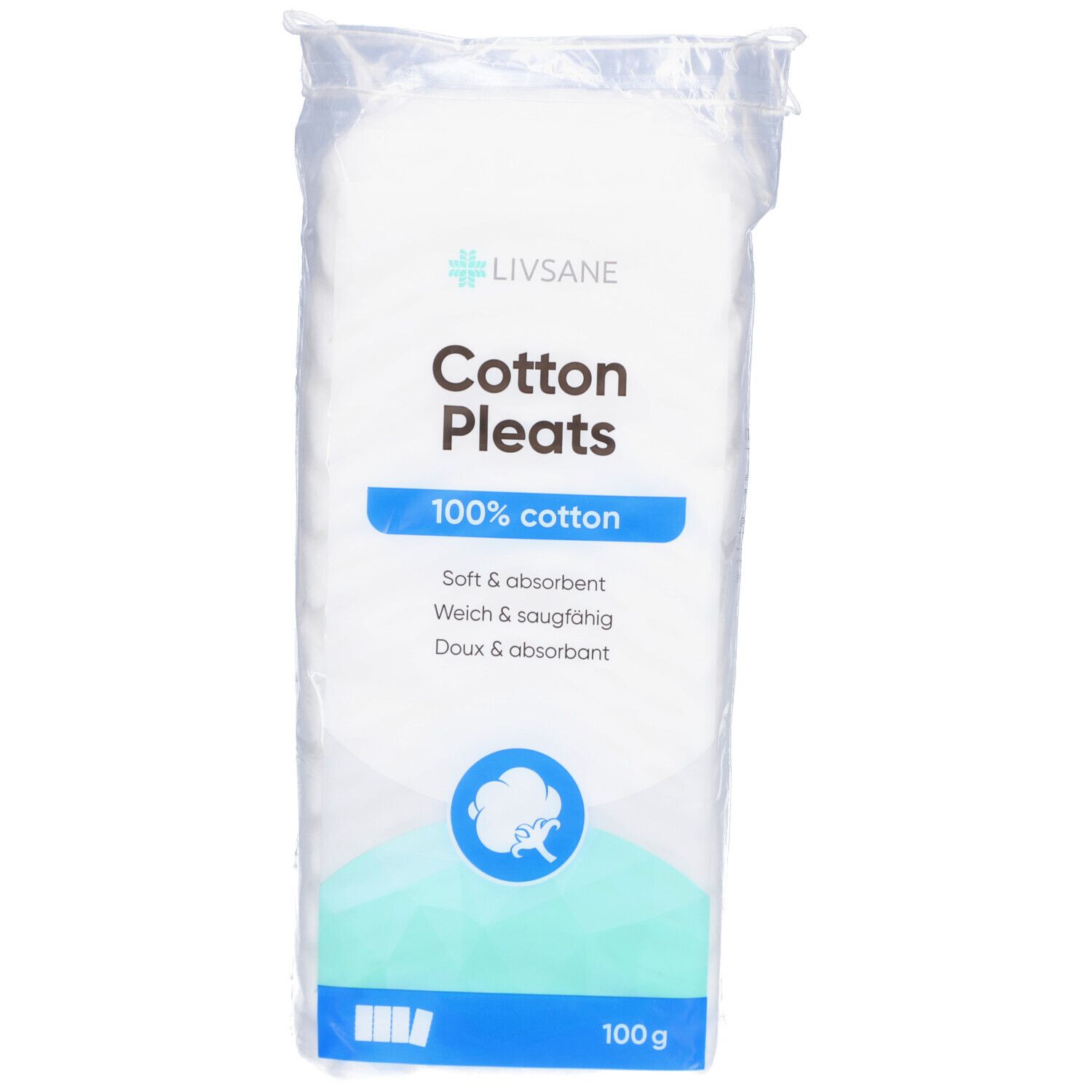 Paquet de cotons. Inscription: Livsane Cotton Pleats, 100% coton. Doux & absorbant. Disques blancs dans un emballage transparent.