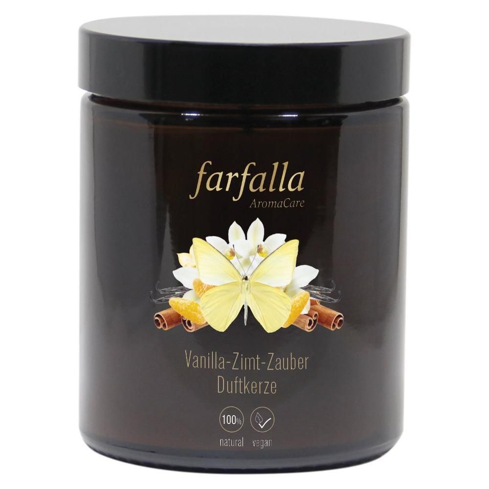Pot en verre brun avec couvercle noir. Inscription : farfalla AromaCare, bougie parfumée Vanille-Zimt-Zauber. Illustration : papillon, fleurs, bâtons de cannelle.